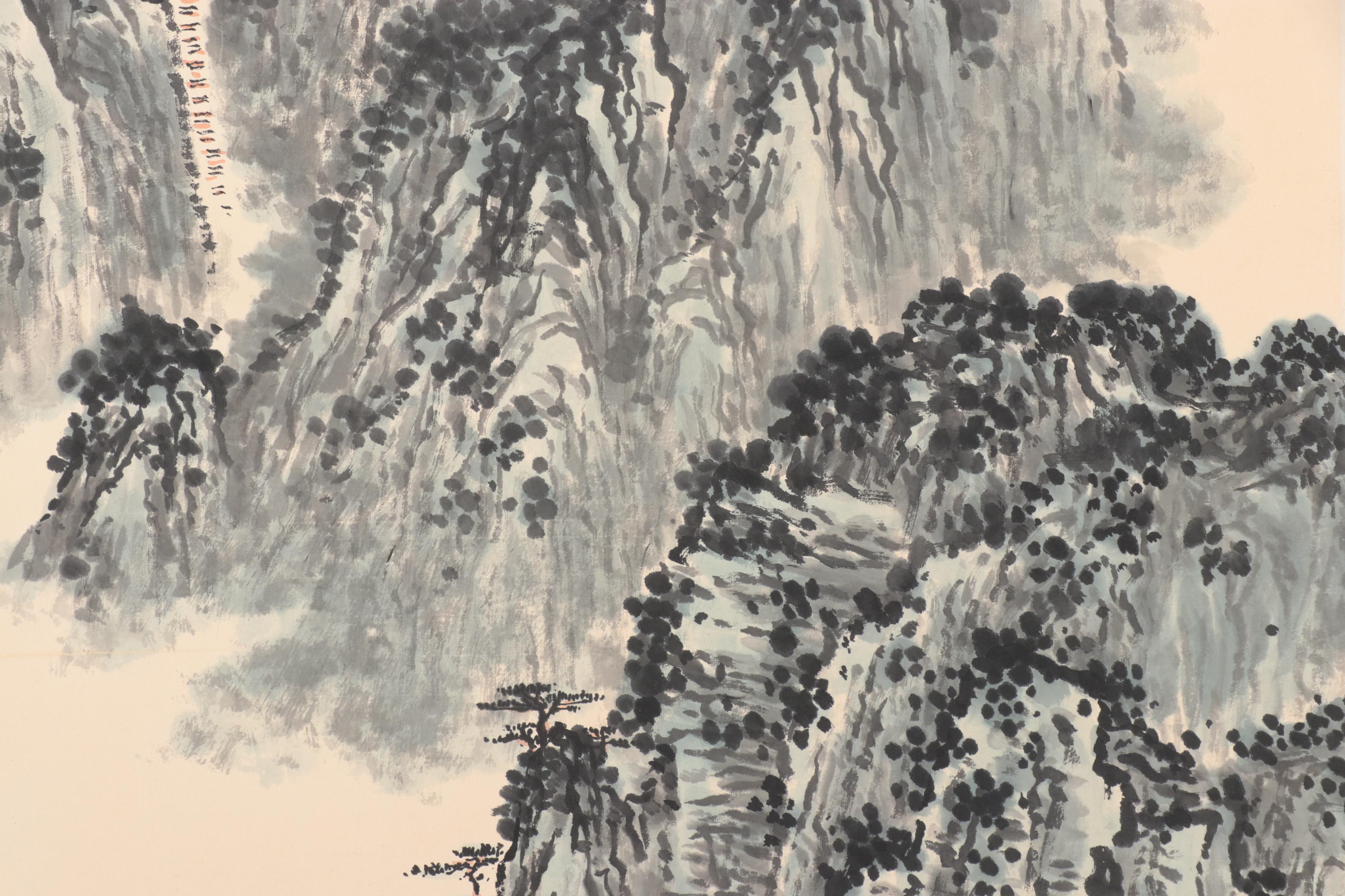 Chinese Mountain Landscape Gouache and Watercolor Hanging Scroll