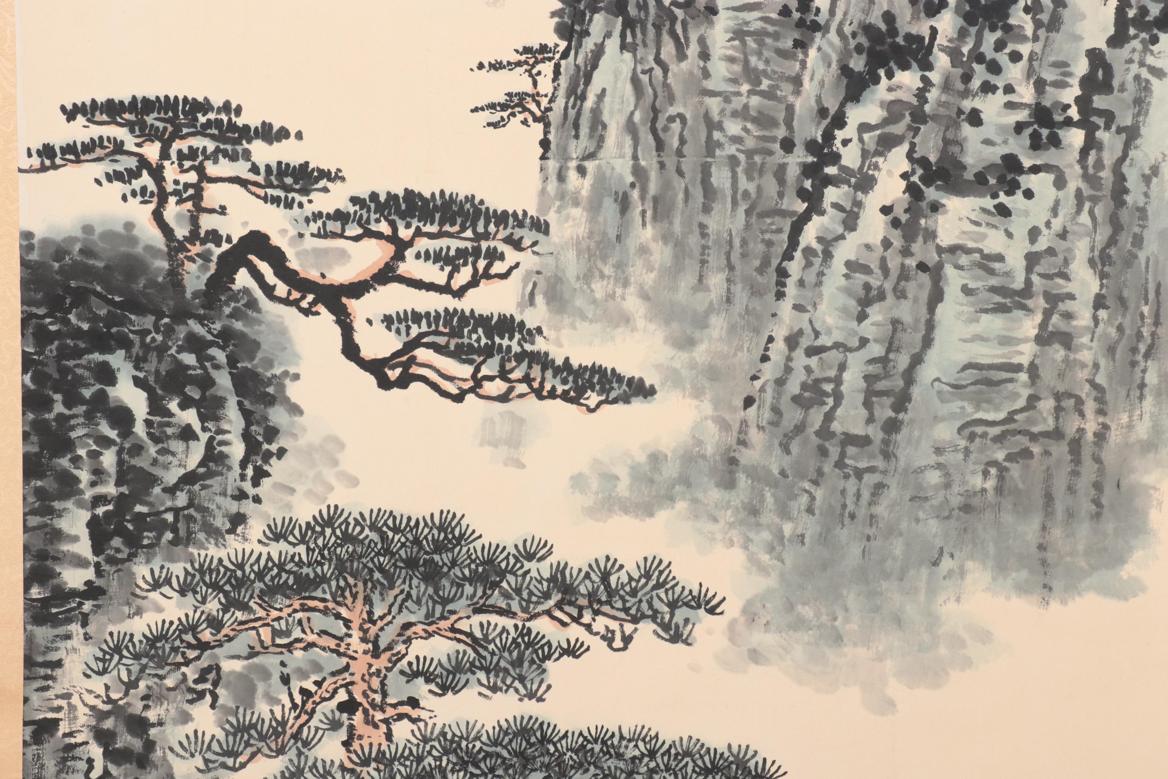 Chinese Mountain Landscape Gouache and Watercolor Hanging Scroll