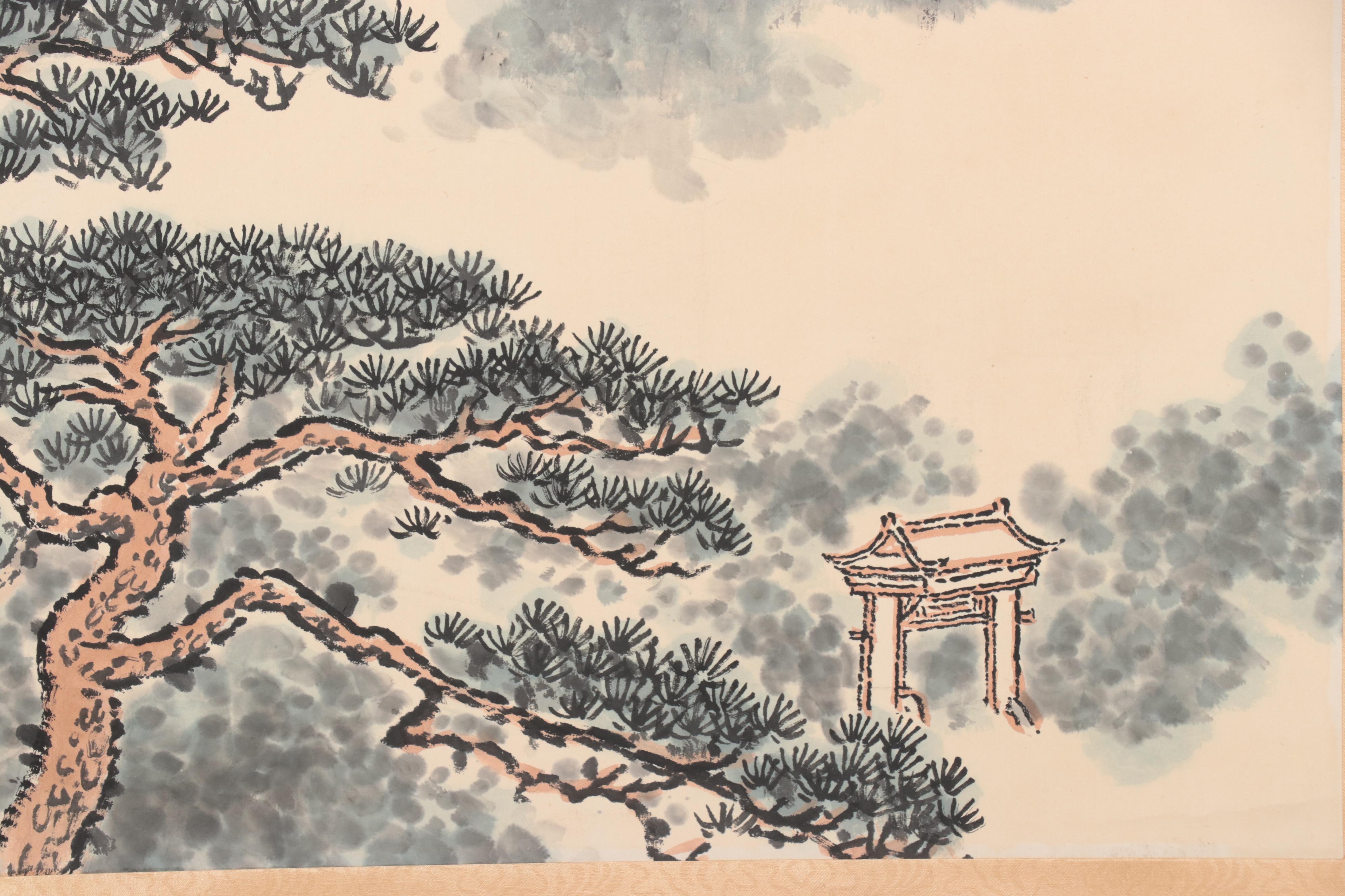 Chinese Mountain Landscape Gouache and Watercolor Hanging Scroll