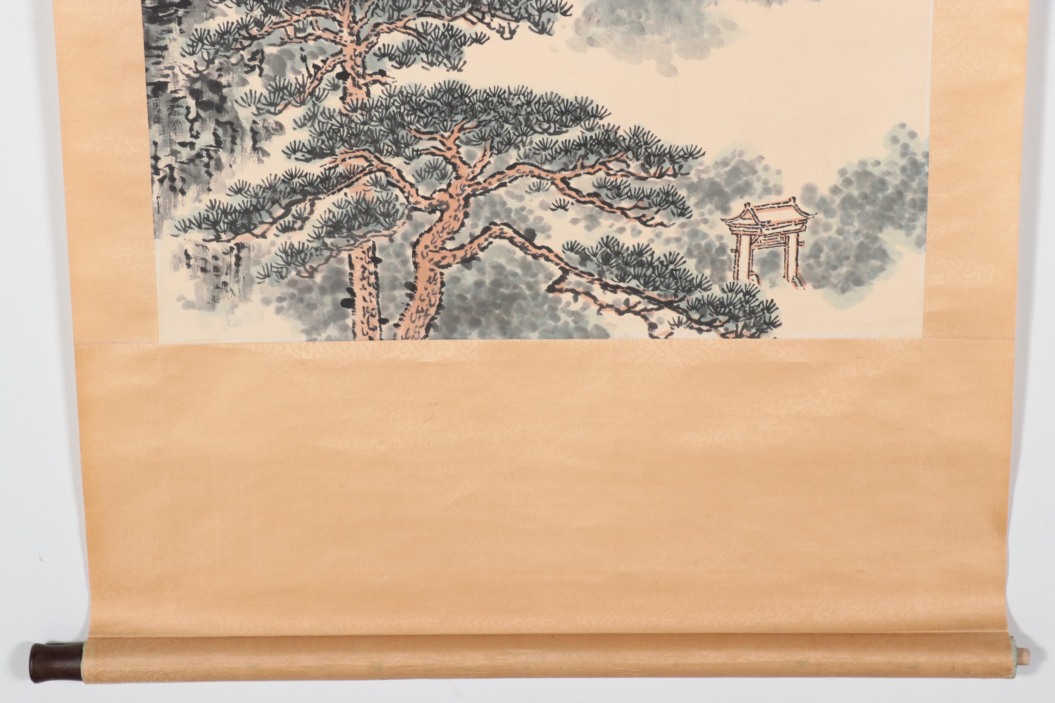 Chinese Mountain Landscape Gouache and Watercolor Hanging Scroll