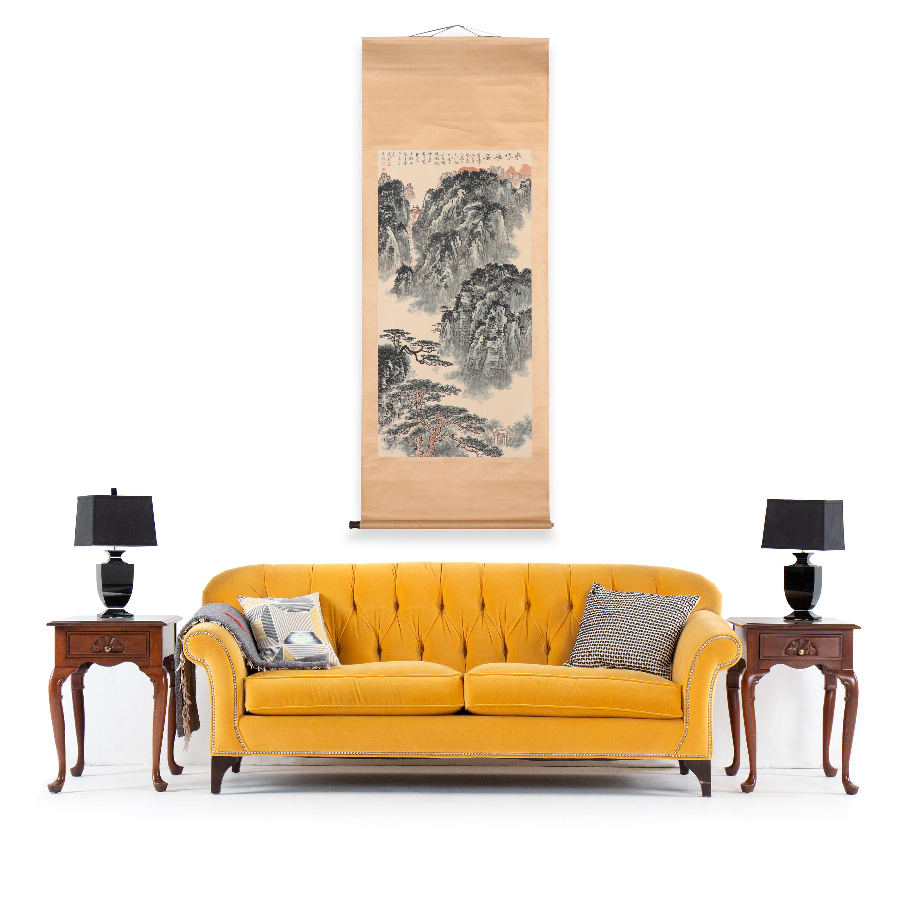 Chinese Mountain Landscape Gouache and Watercolor Hanging Scroll