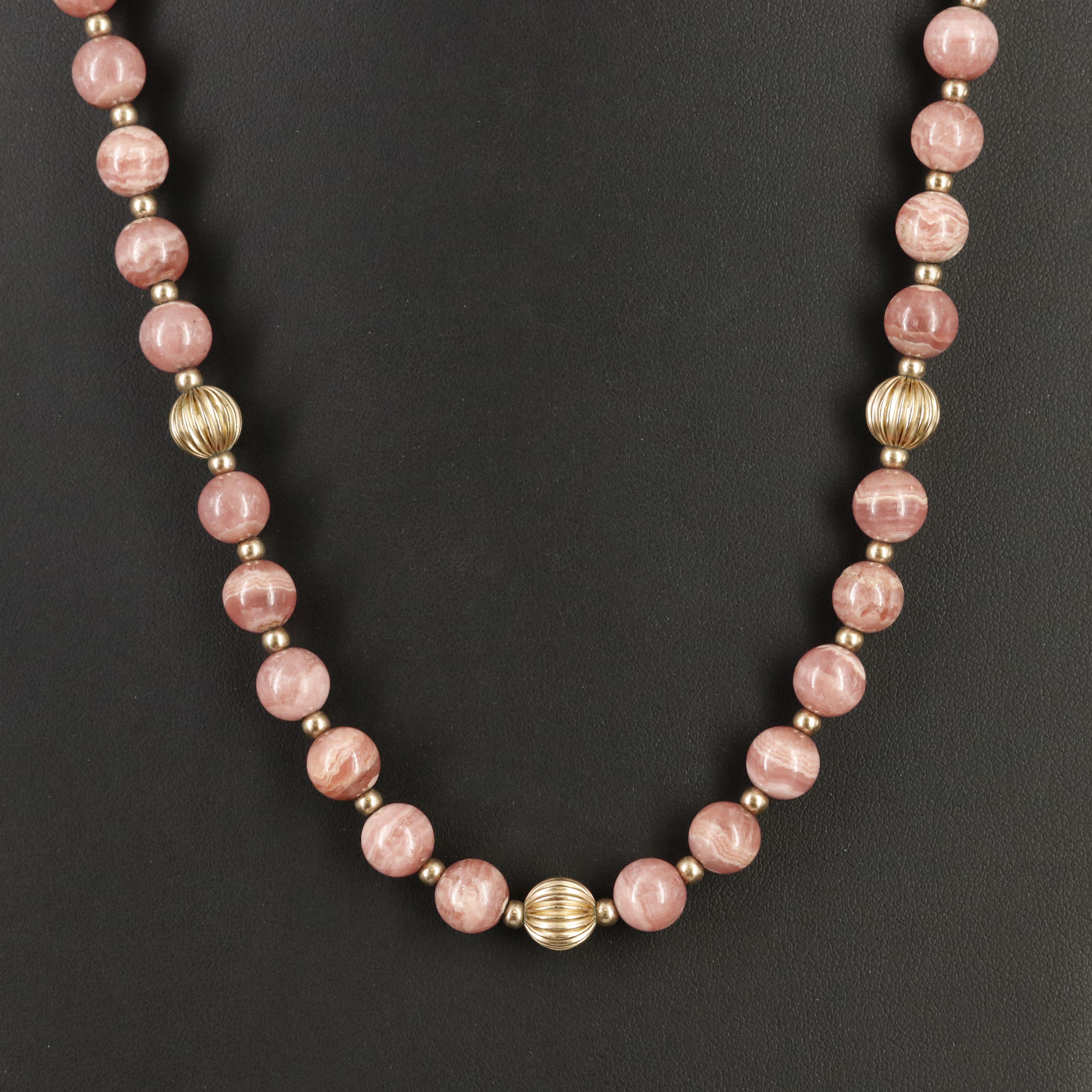Rhodochrosite Beaded Necklace with Fluted Spacer Beads