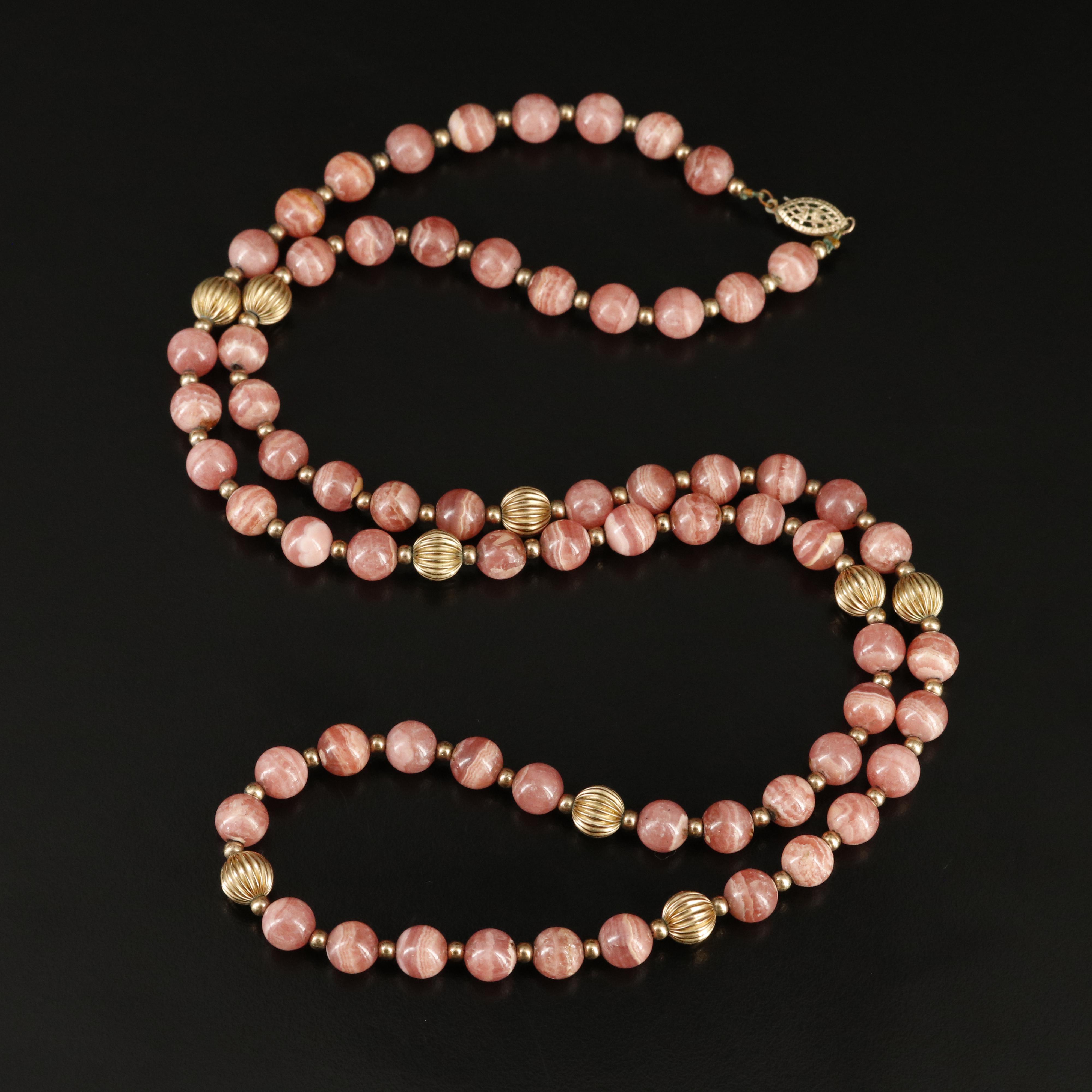 Rhodochrosite Beaded Necklace with Fluted Spacer Beads
