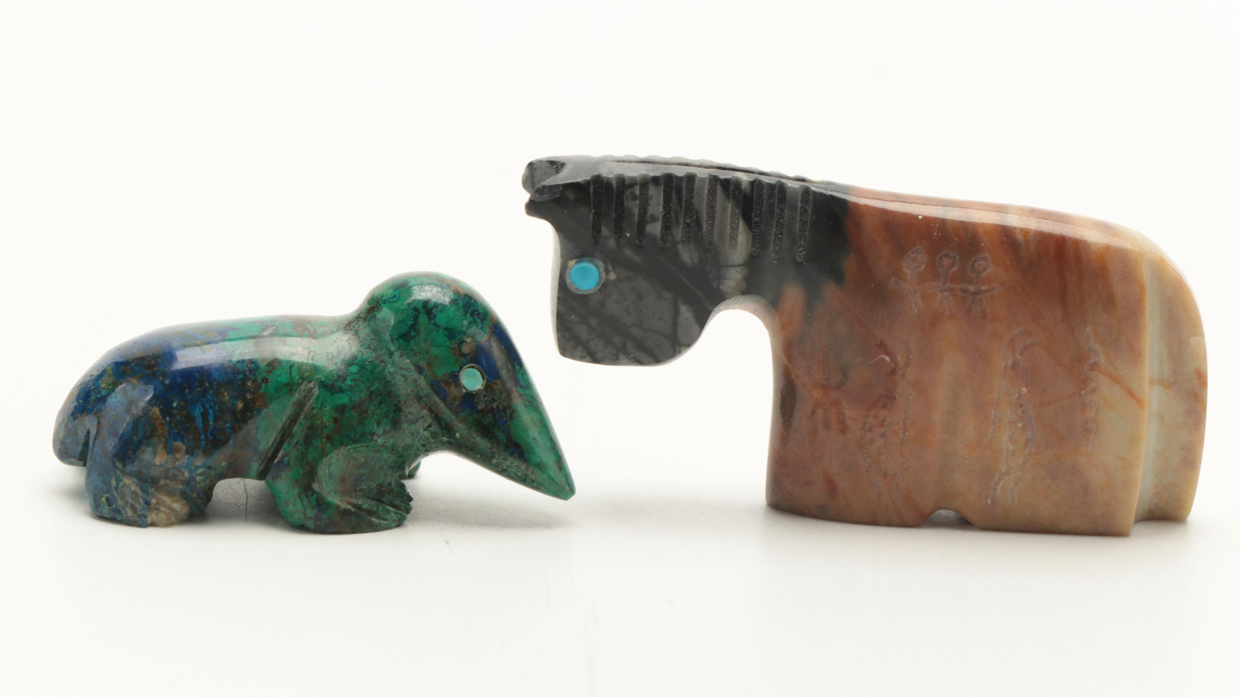 Zuni Hand-Carved Picasso Stone, Chrysocolla, and Other Stone Fetish Animals