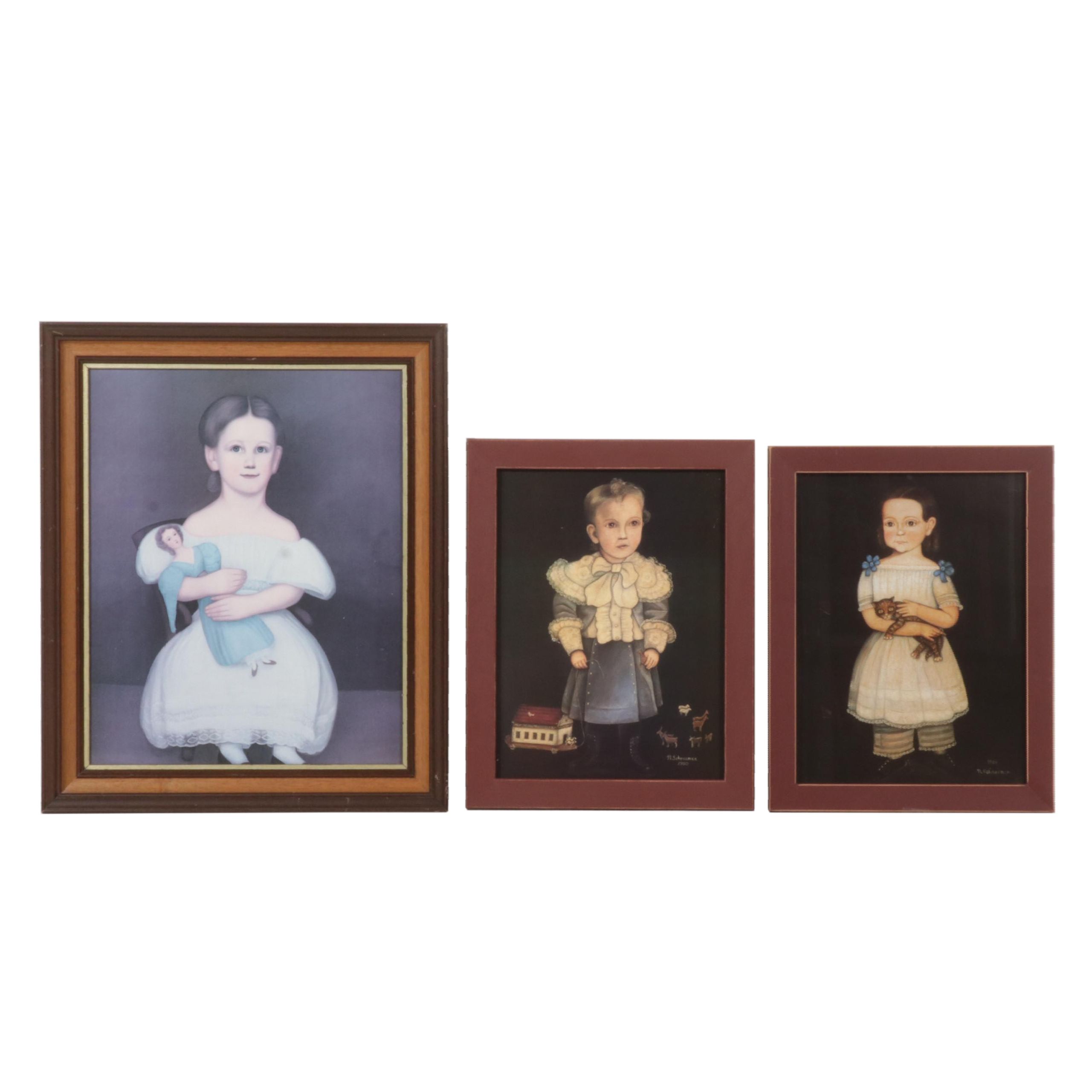 Folk Art Portrait Offset Lithographs After Norma Schneeman, Circa 1990