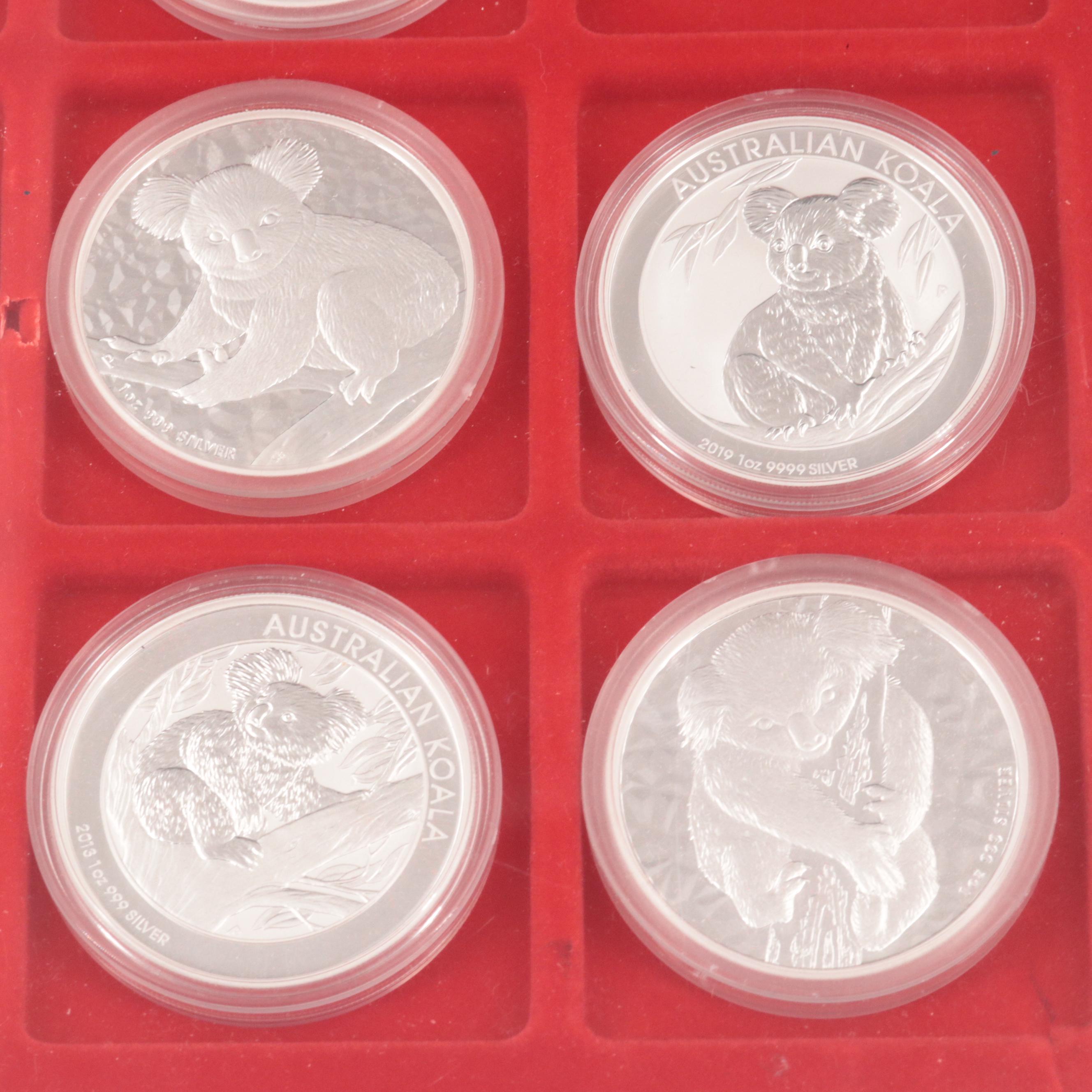 Seventeen Dollar-Sized Silver Bullion Coins Including Australian Koala