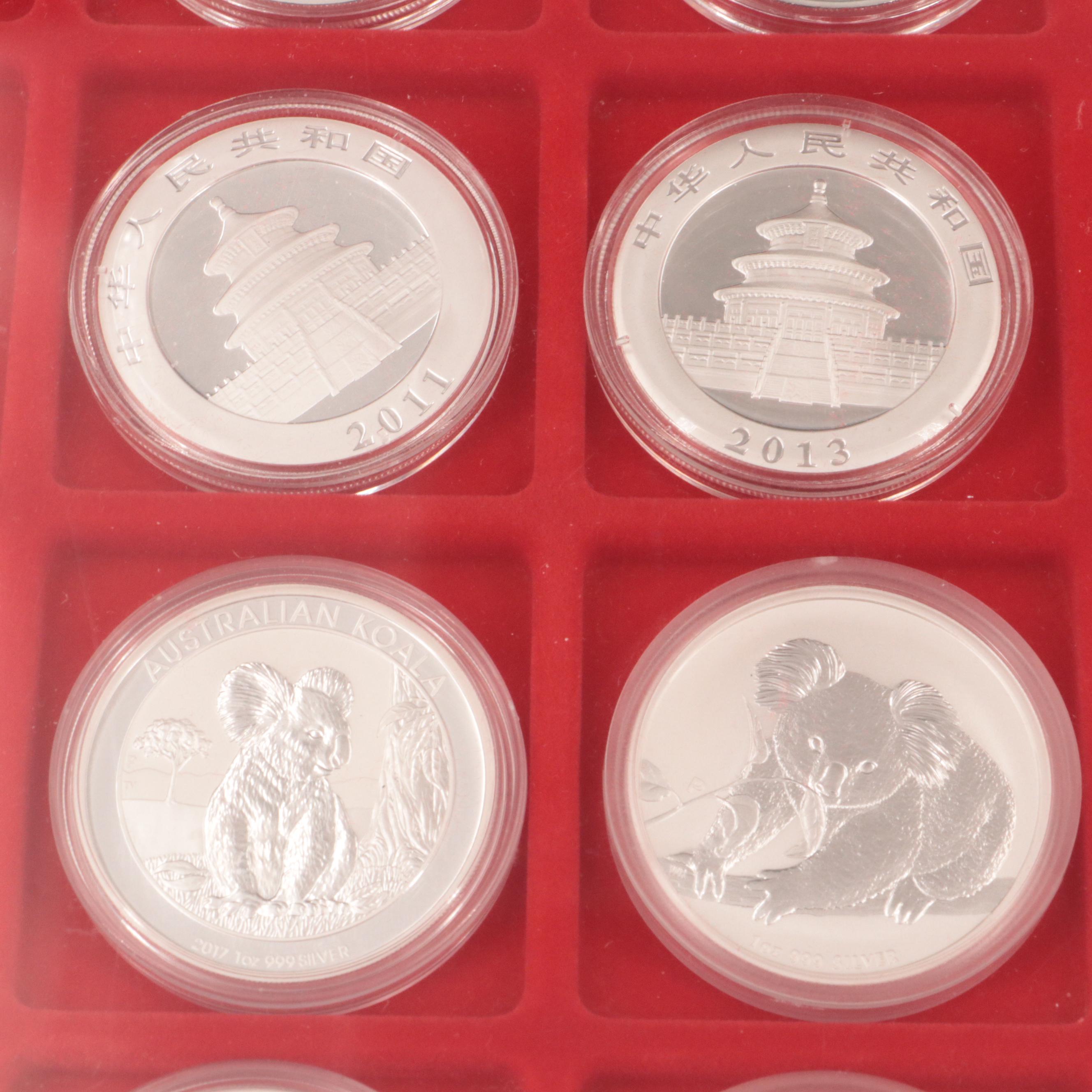 Seventeen Dollar-Sized Silver Bullion Coins Including Australian Koala