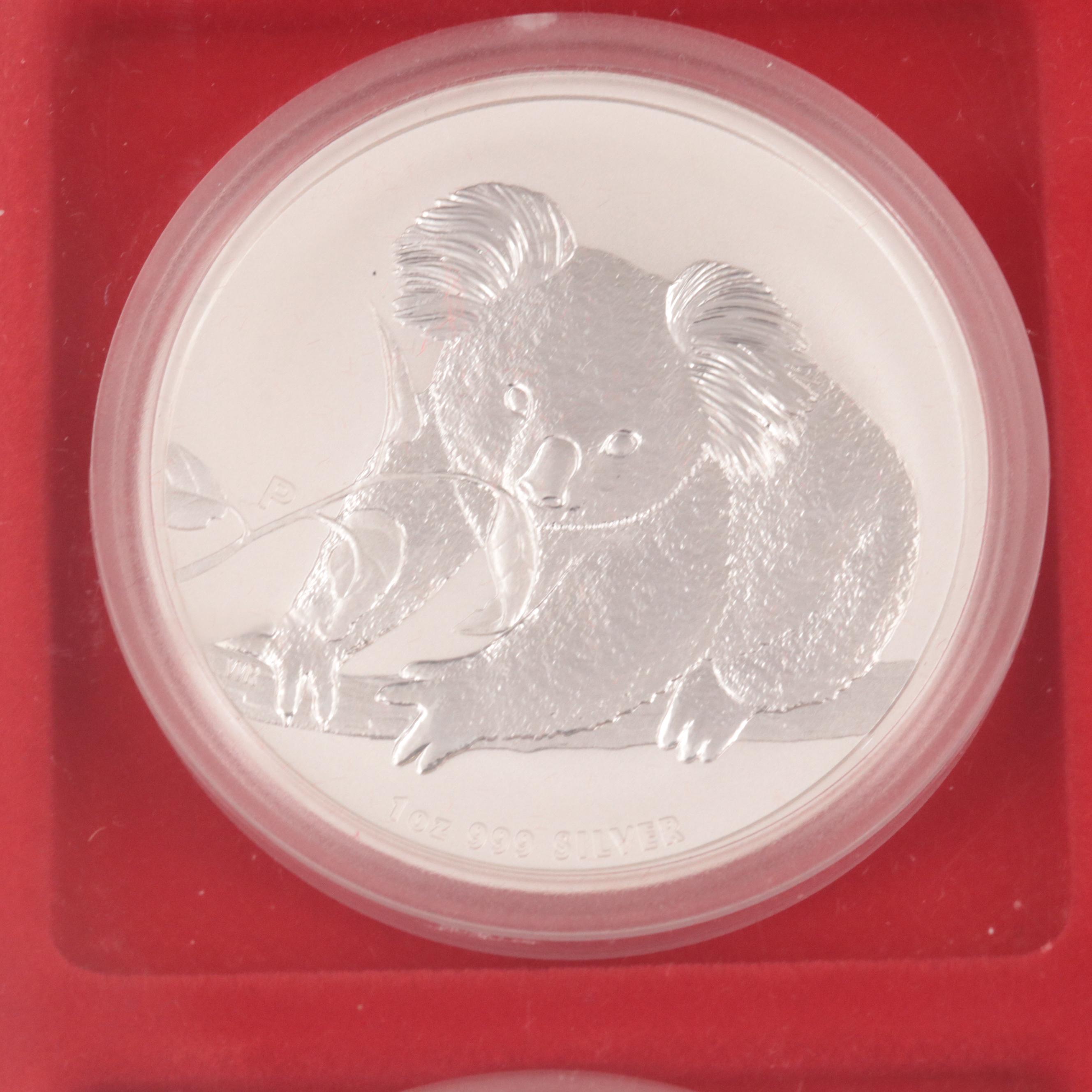 Seventeen Dollar-Sized Silver Bullion Coins Including Australian Koala