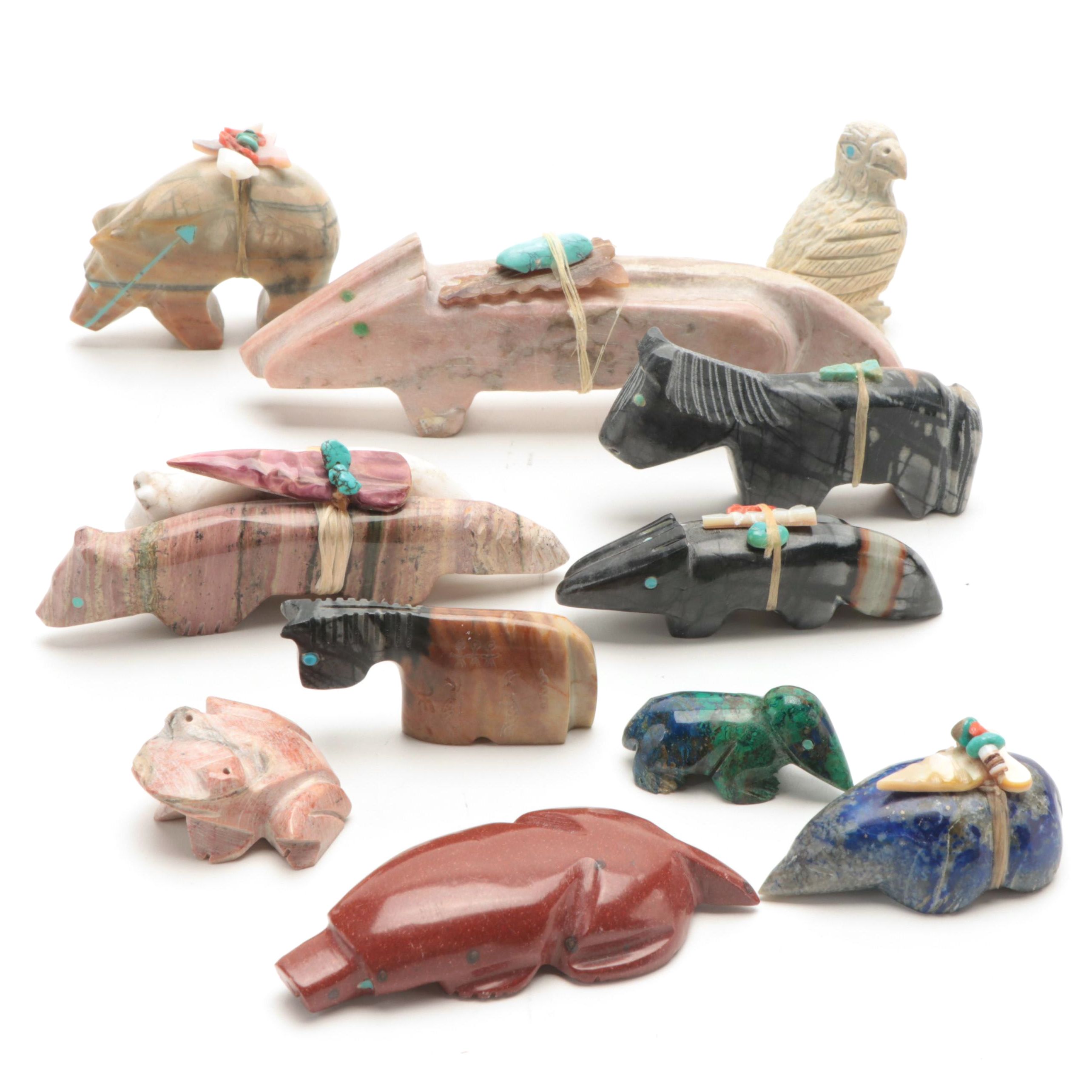 Zuni Hand-Carved Picasso Stone, Chrysocolla, and Other Stone Fetish Animals