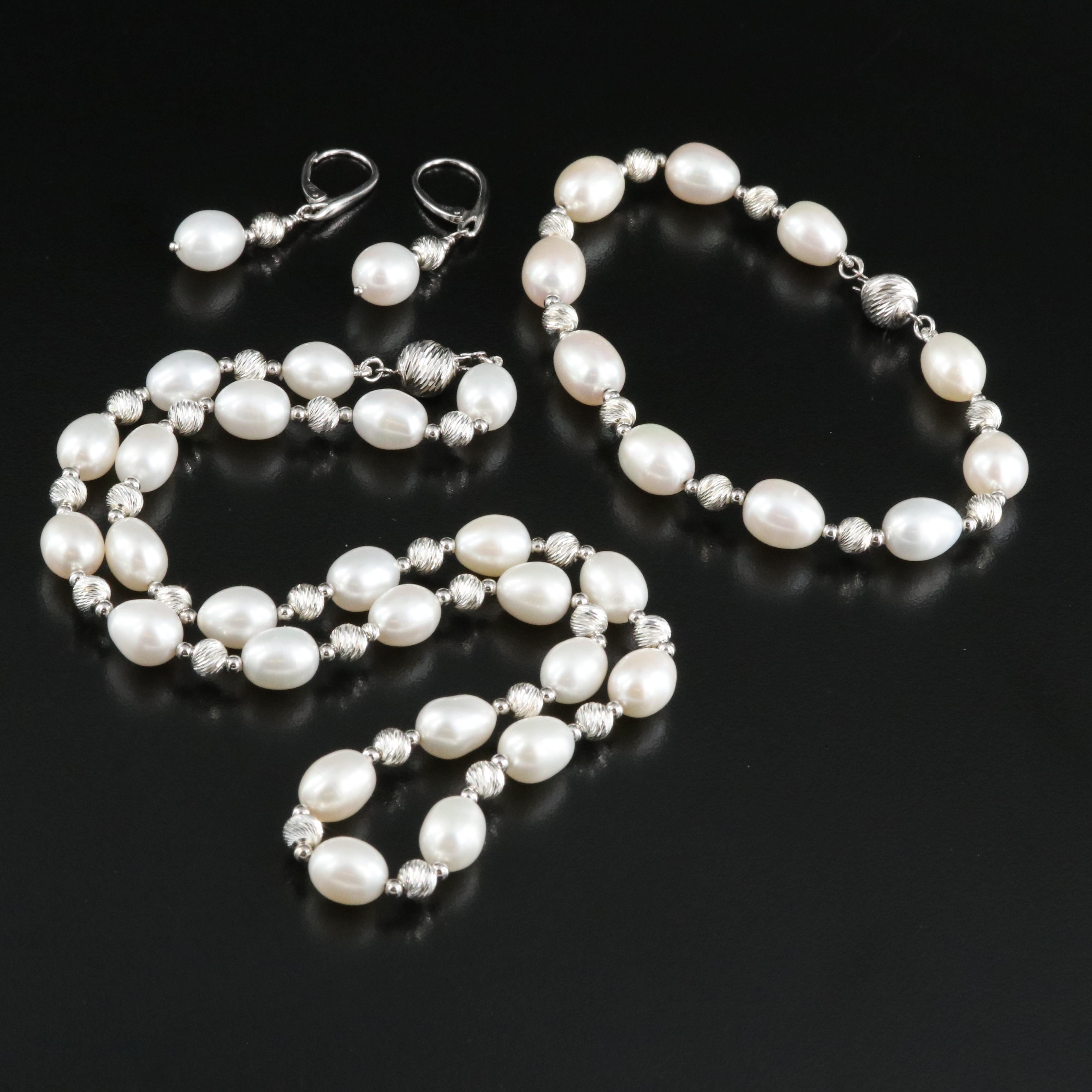 Sterling Pearl Necklace, Bracelet and Earring Set
