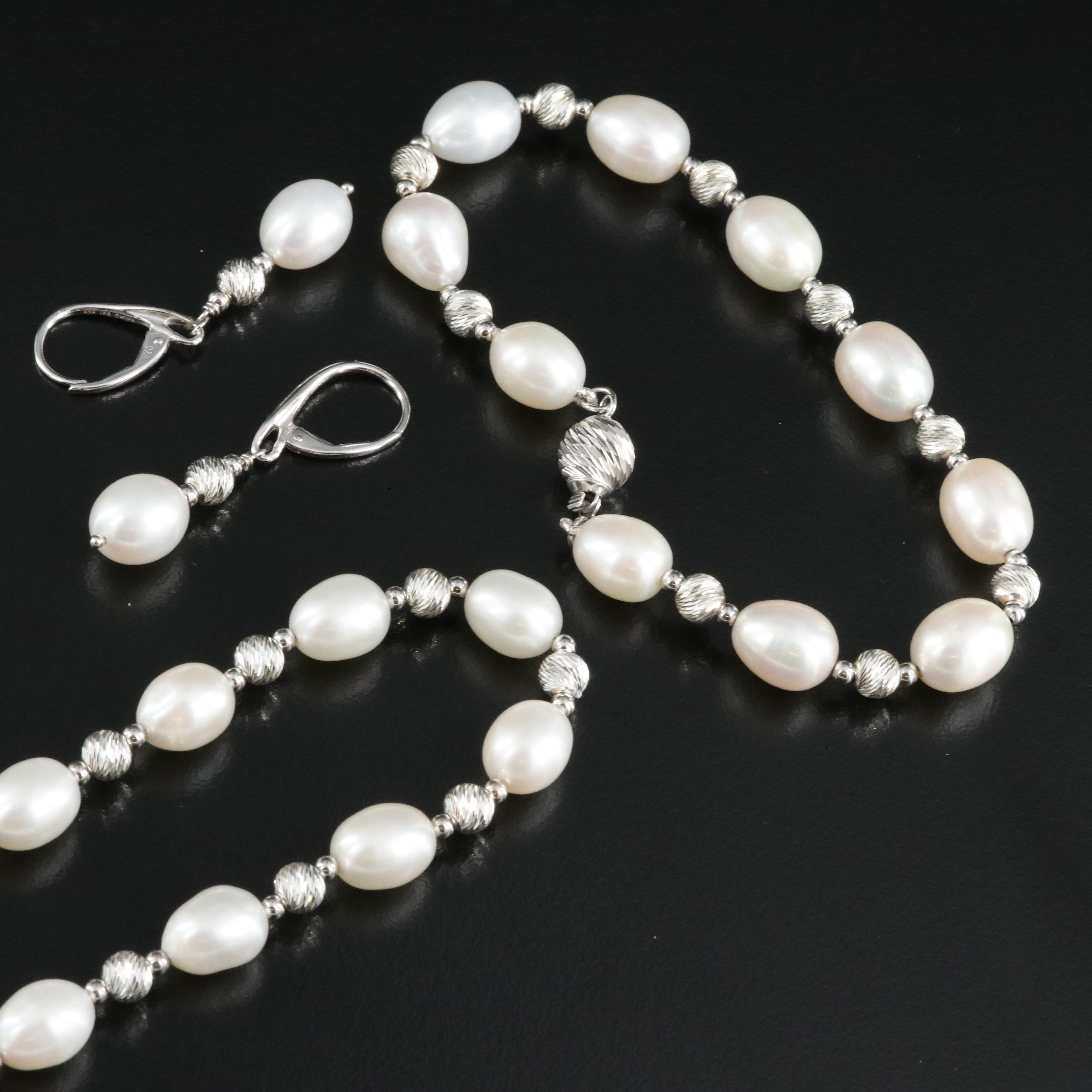 Sterling Pearl Necklace, Bracelet and Earring Set