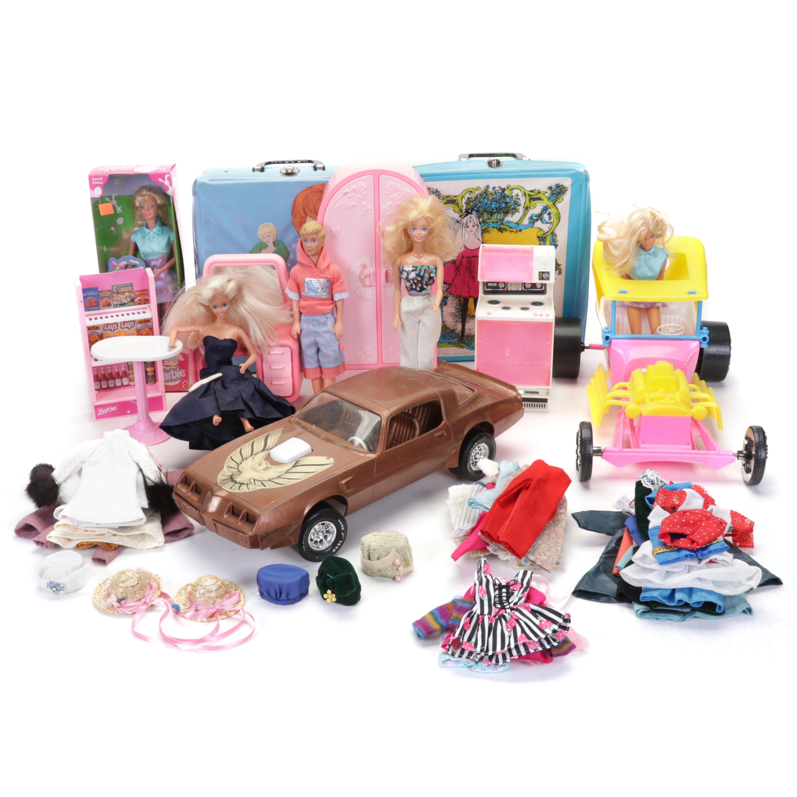 Mattel Barbie Dolls, Clothing, Cases, & Accessories with 1980's Trans-Am