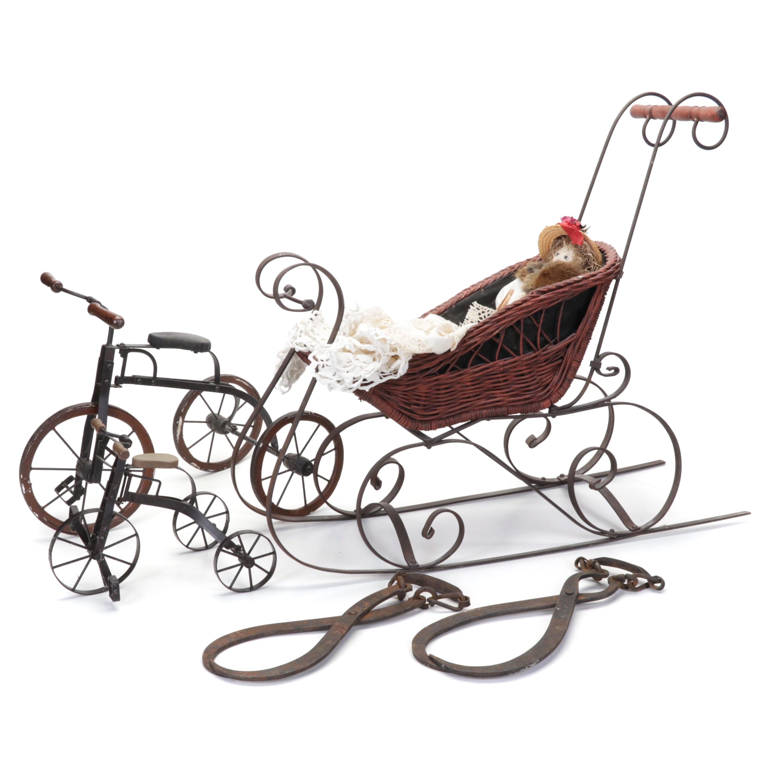 Baby Doll Sleigh, Iron Ice Tongs, Crocheted Textiles and Miniature Tricycles