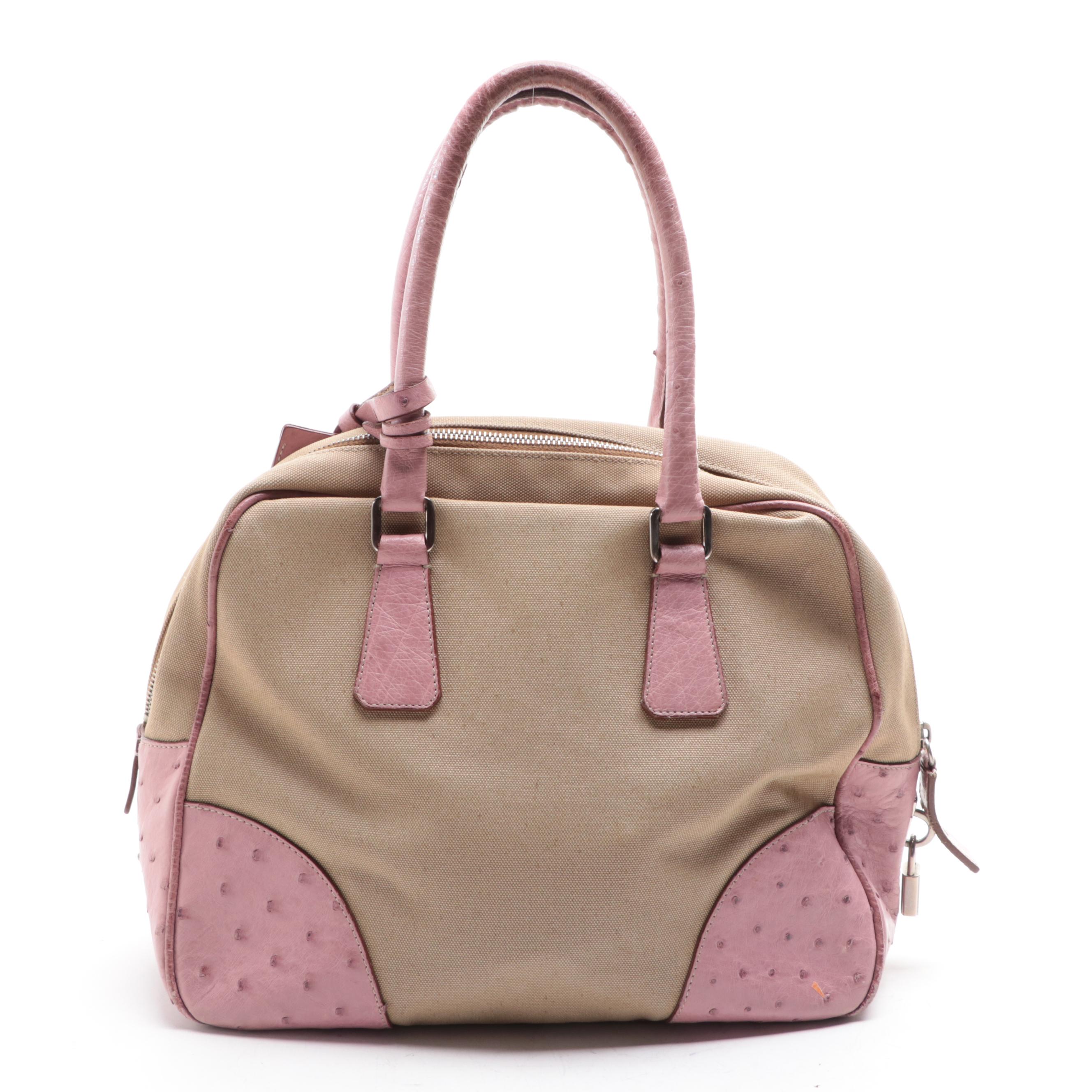 Prada Domed Lock Bag in Canvas and Dyed Ostrich Skin Leather