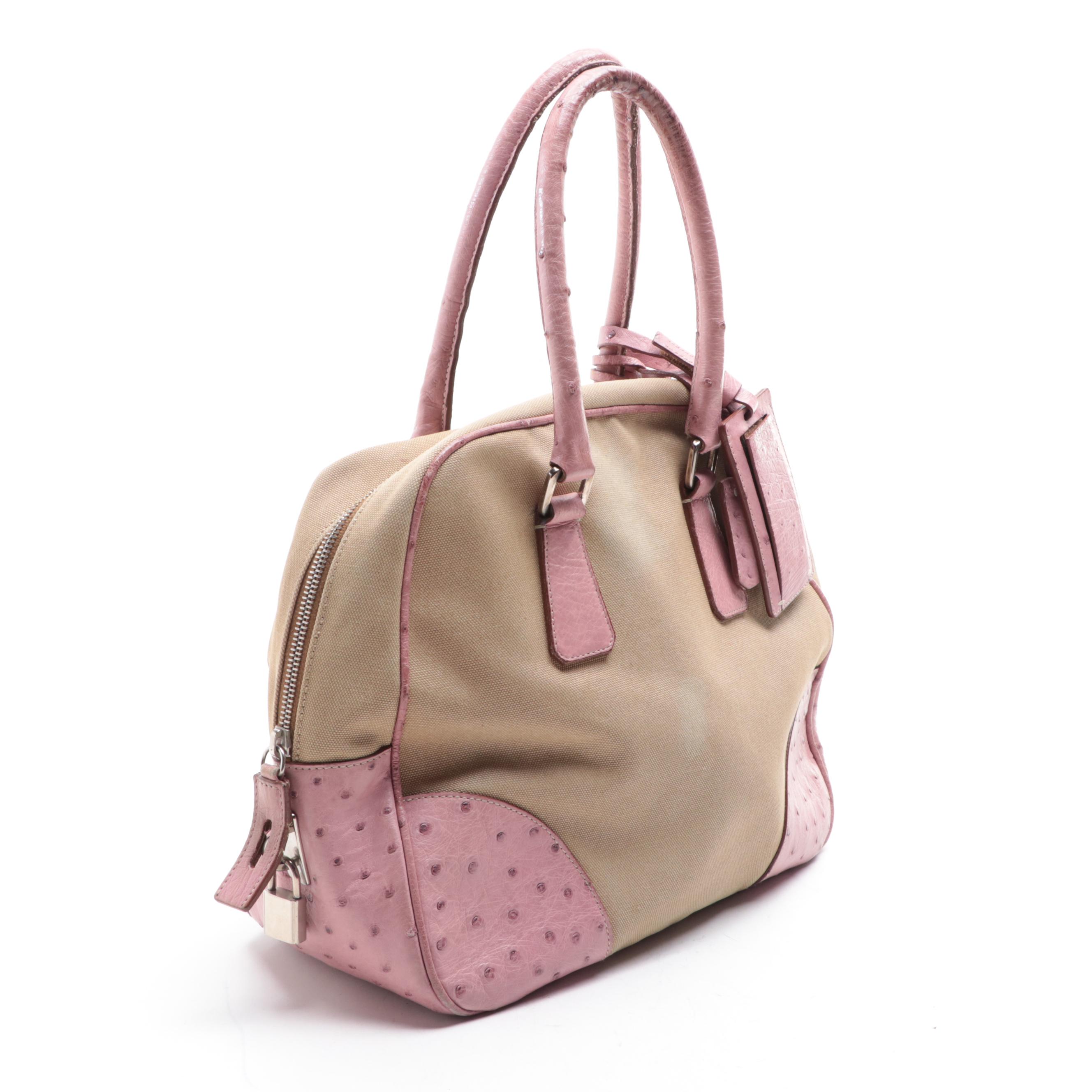 Prada Domed Lock Bag in Canvas and Dyed Ostrich Skin Leather