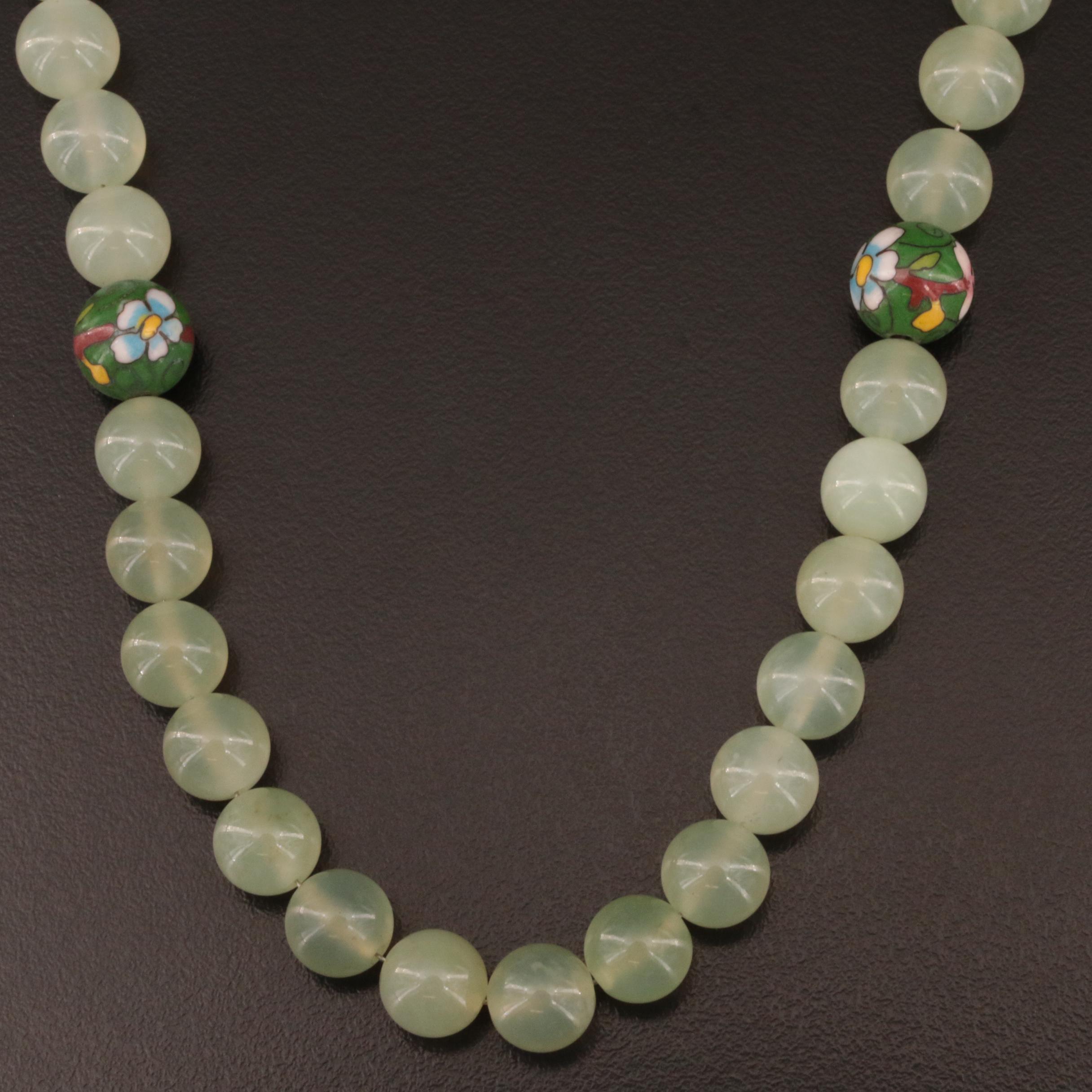 Asian Inspired Serpentine and Floral Cloisonné Necklace