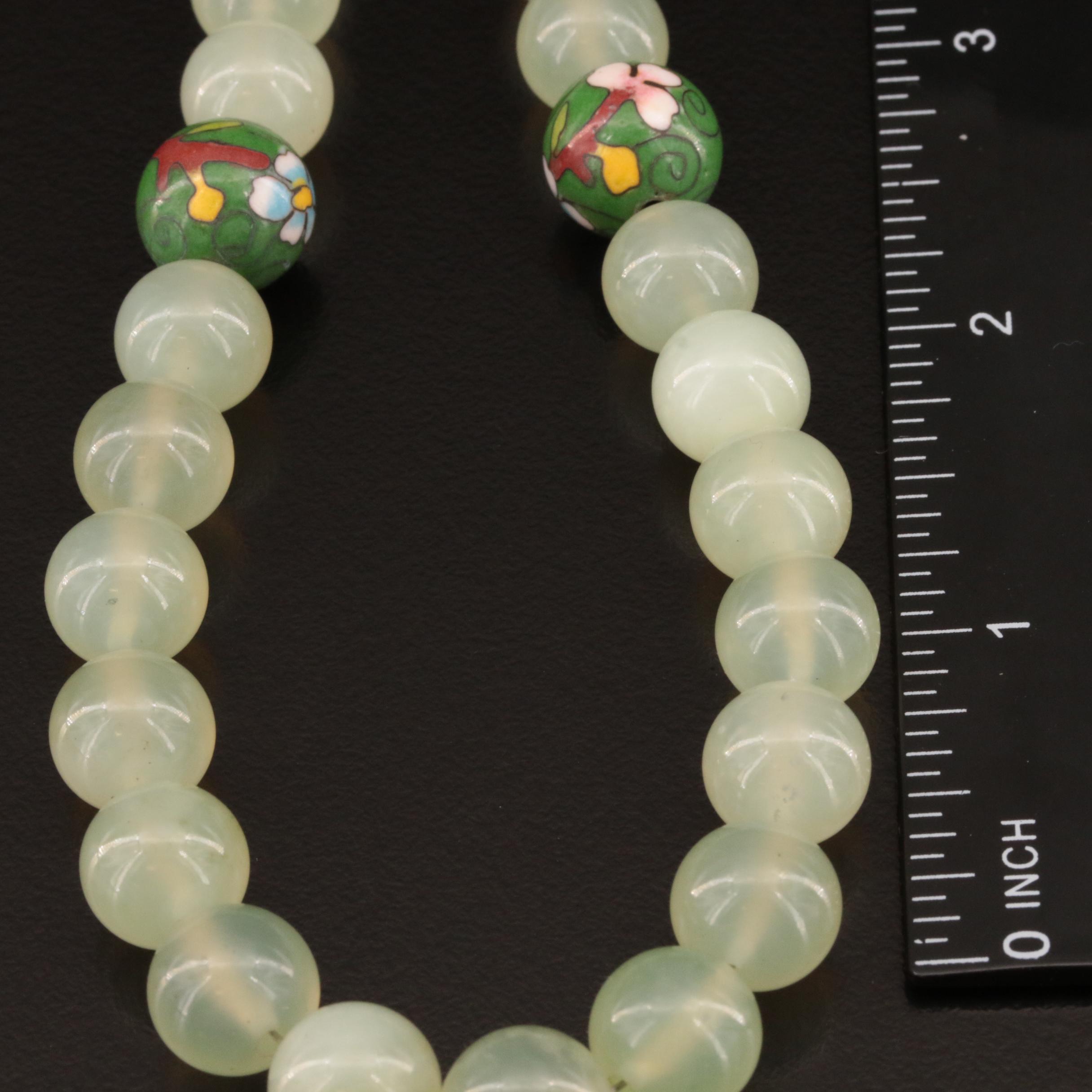 Asian Inspired Serpentine and Floral Cloisonné Necklace