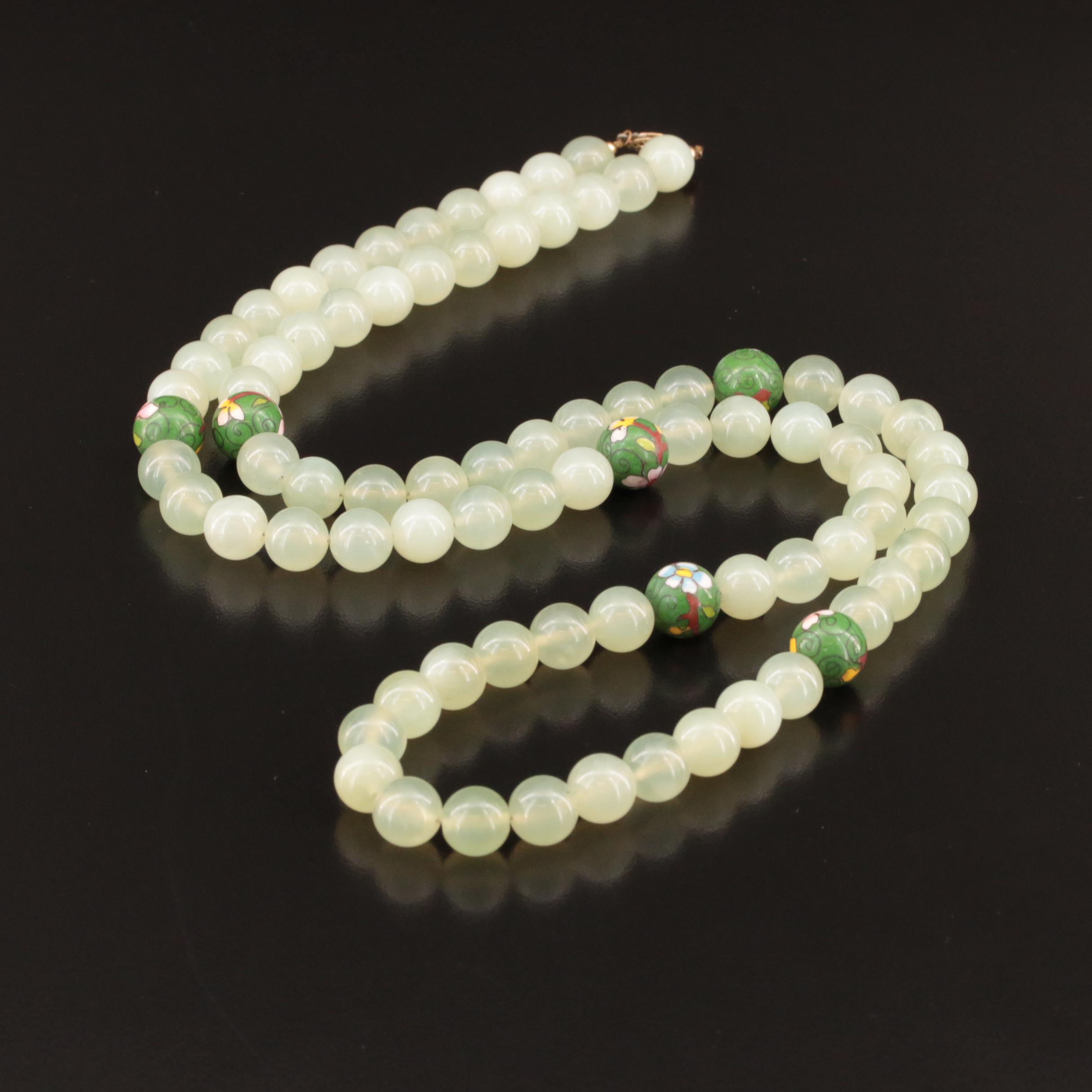 Asian Inspired Serpentine and Floral Cloisonné Necklace