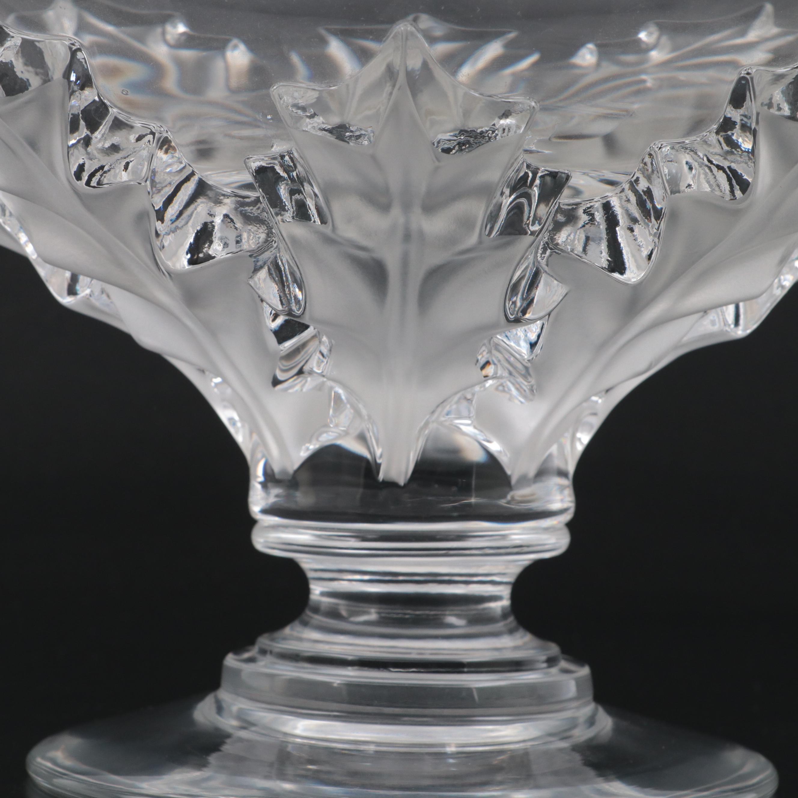 Lalique "Olonne" French Crystal Holly Leaf Centerpiece Compote Bowl