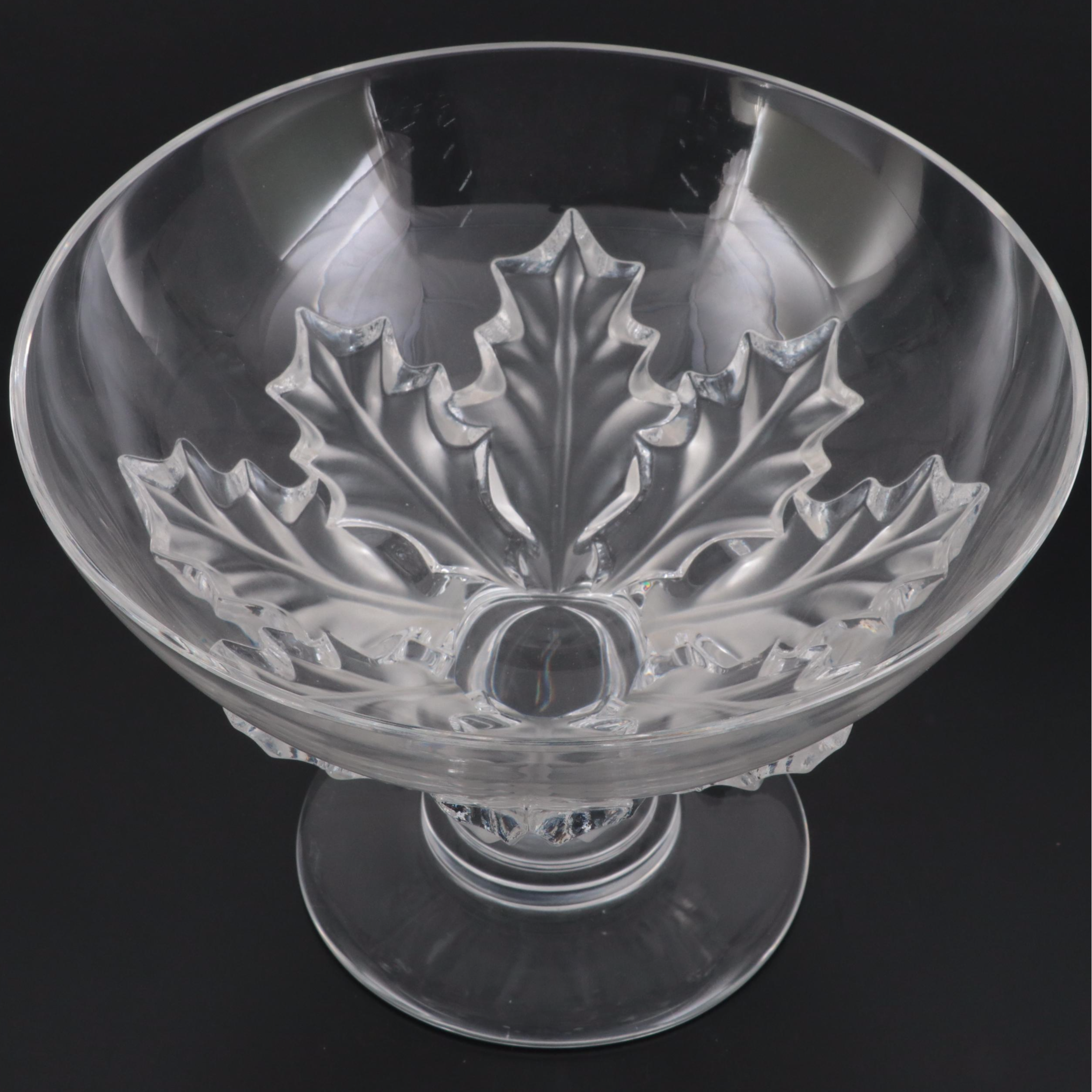 Lalique "Olonne" French Crystal Holly Leaf Centerpiece Compote Bowl