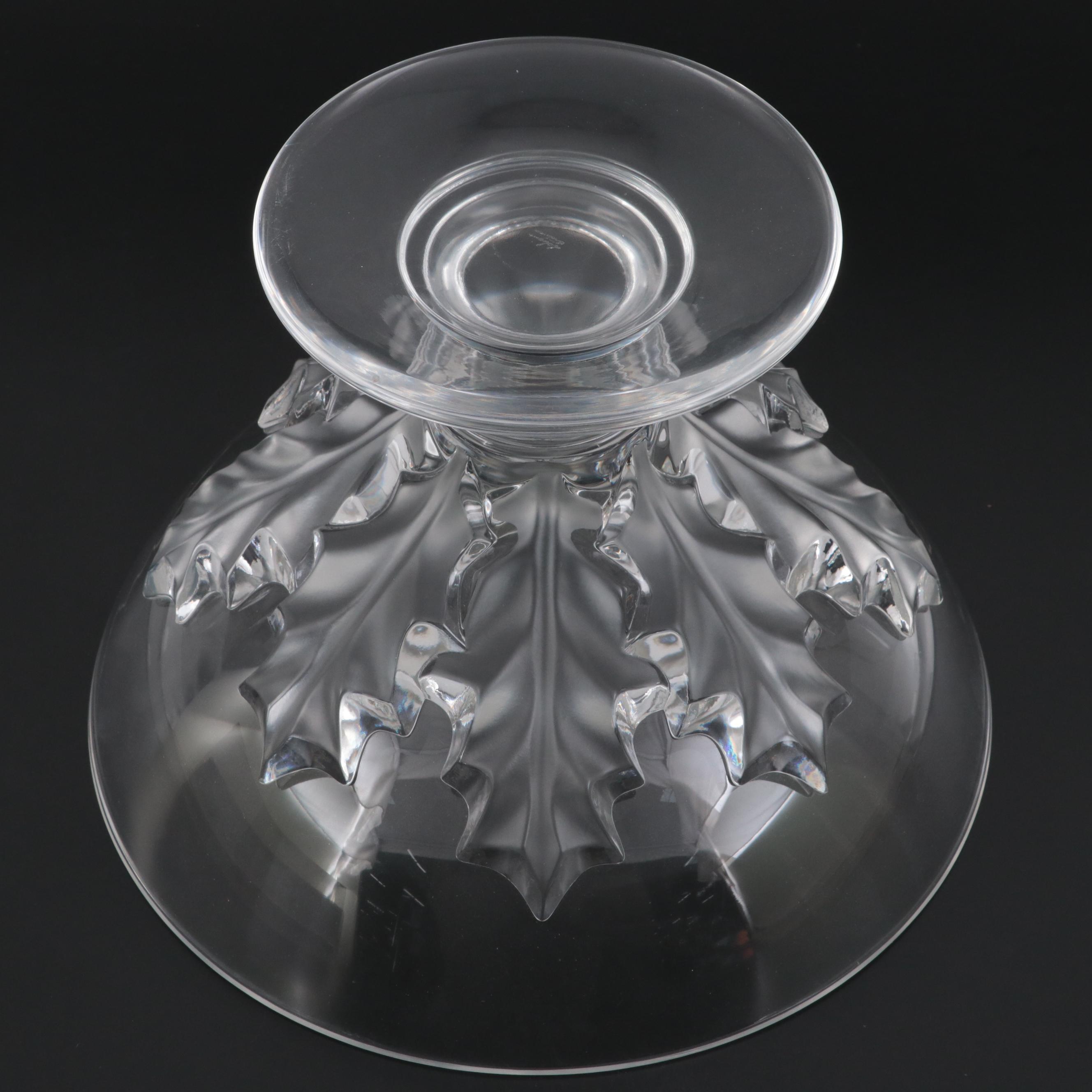 Lalique "Olonne" French Crystal Holly Leaf Centerpiece Compote Bowl
