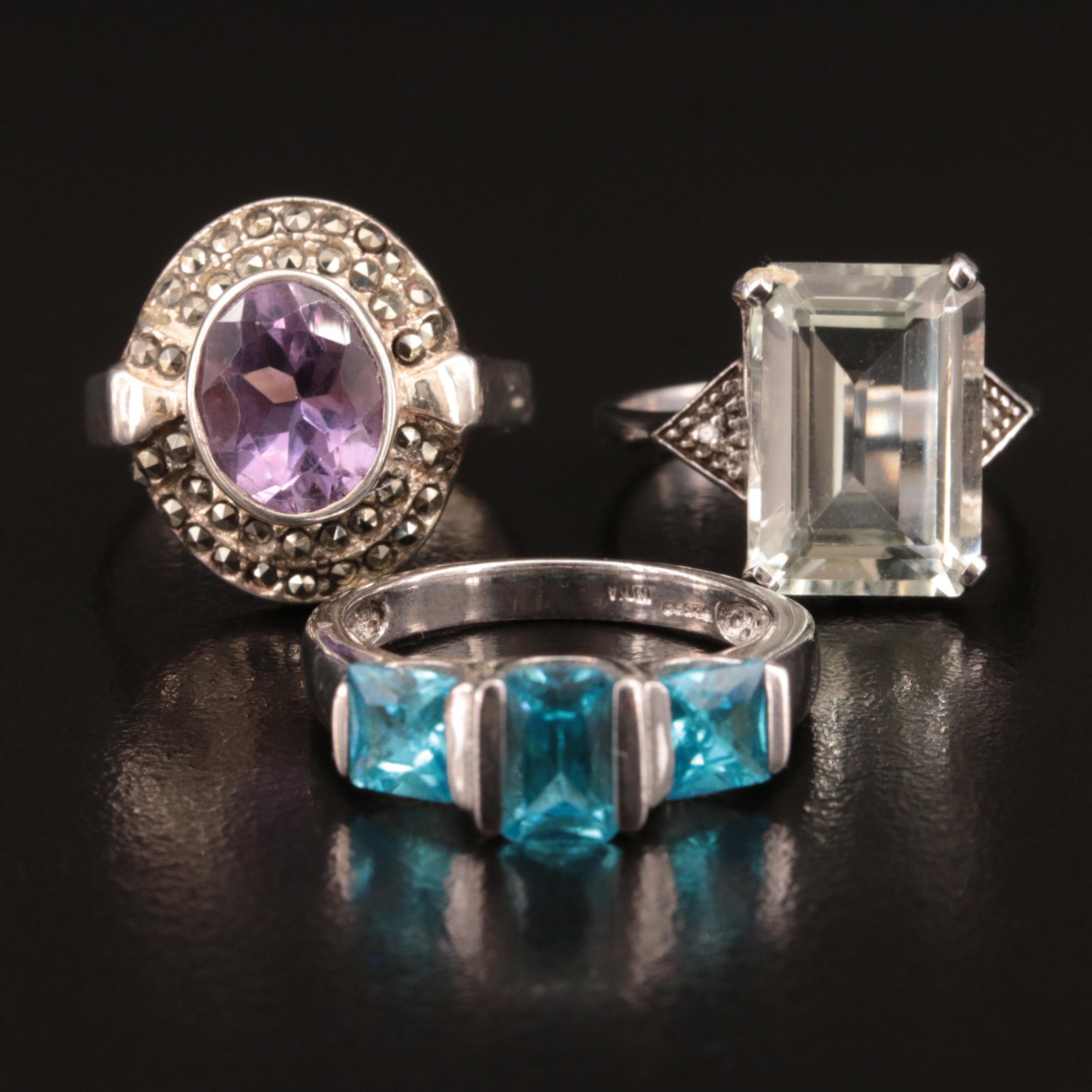 Sterling Rings Including Amethyst, Diamond and Prasiolite