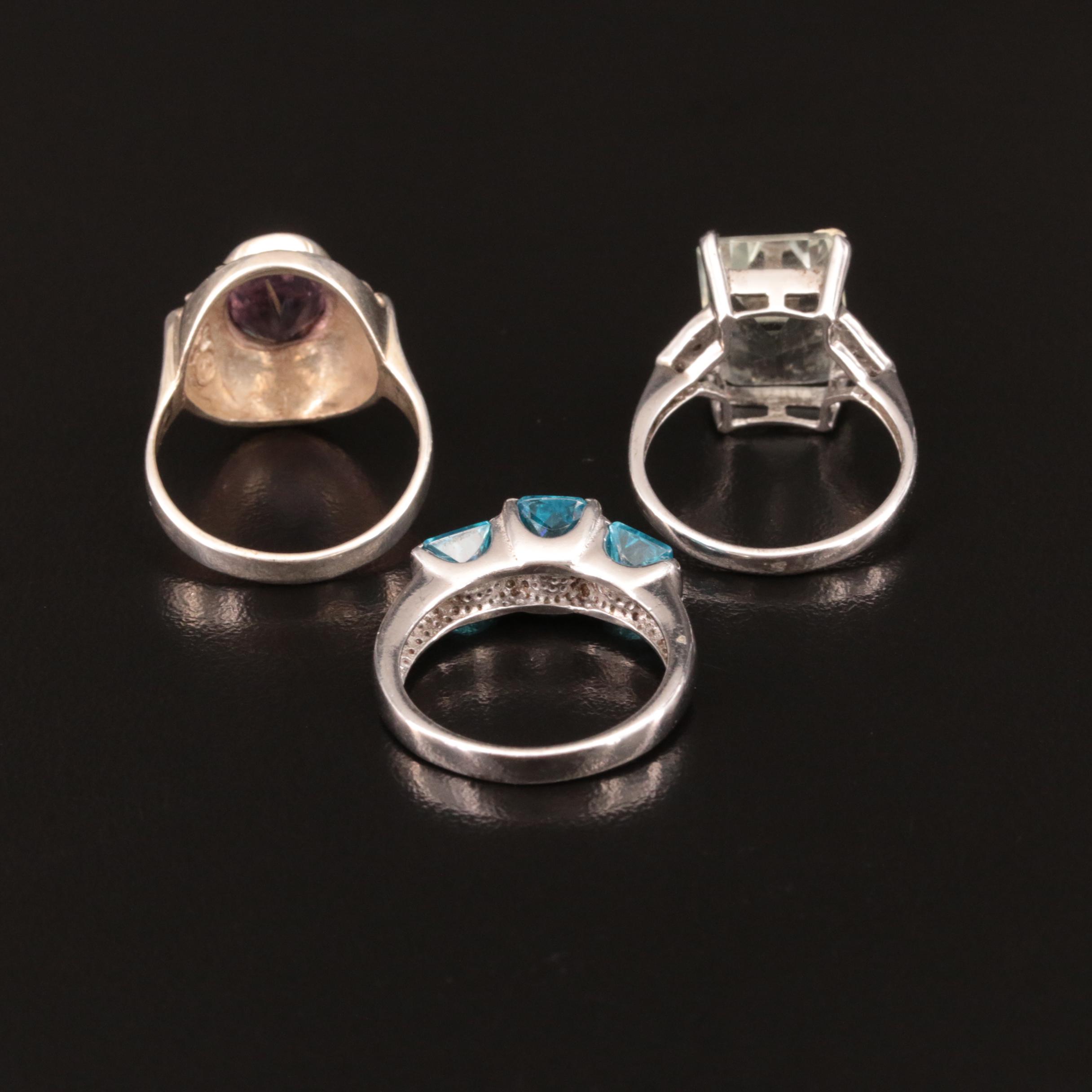 Sterling Rings Including Amethyst, Diamond and Prasiolite