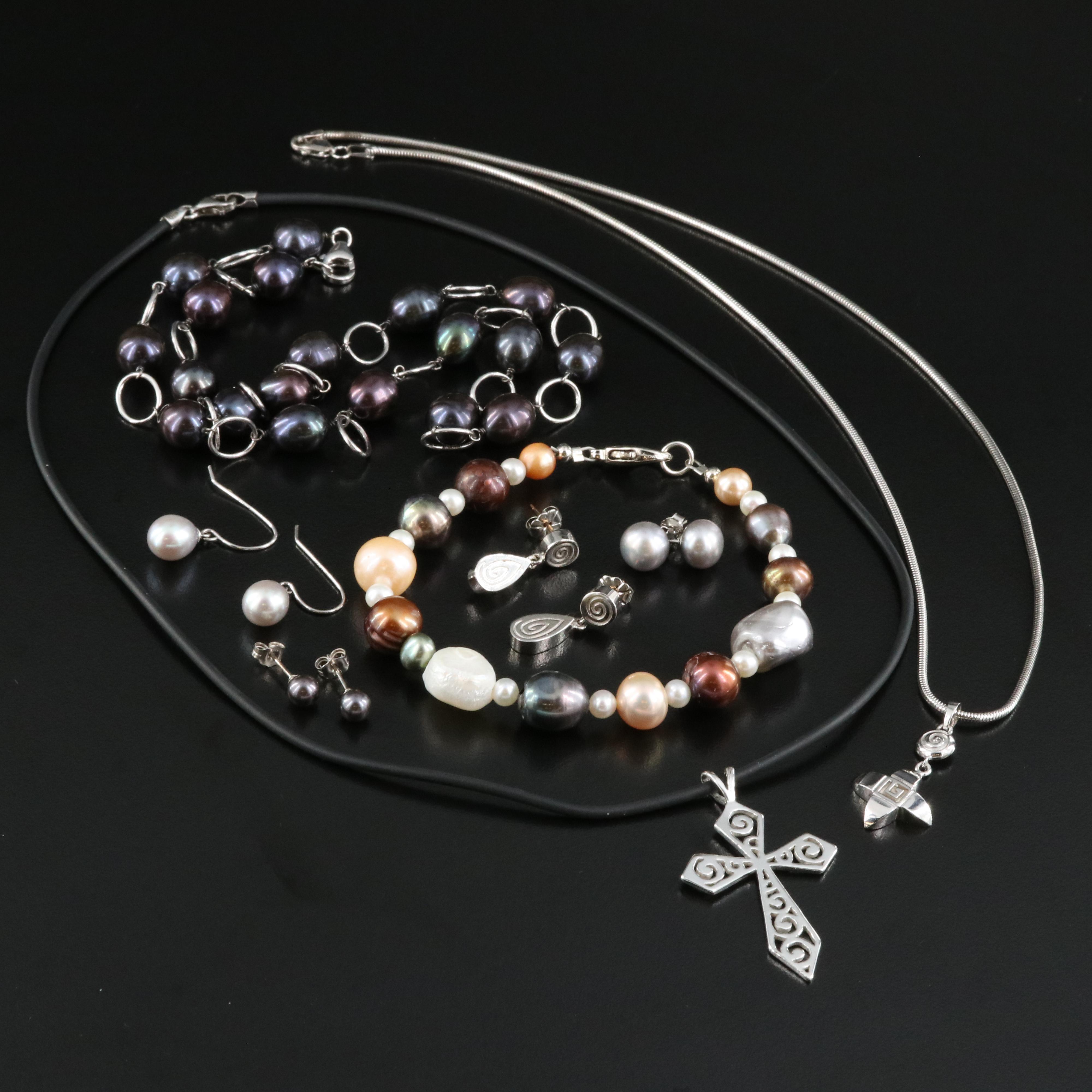 Pearl Grouping Including 14K, Sterling, Necklaces, Bracelet and Earrings