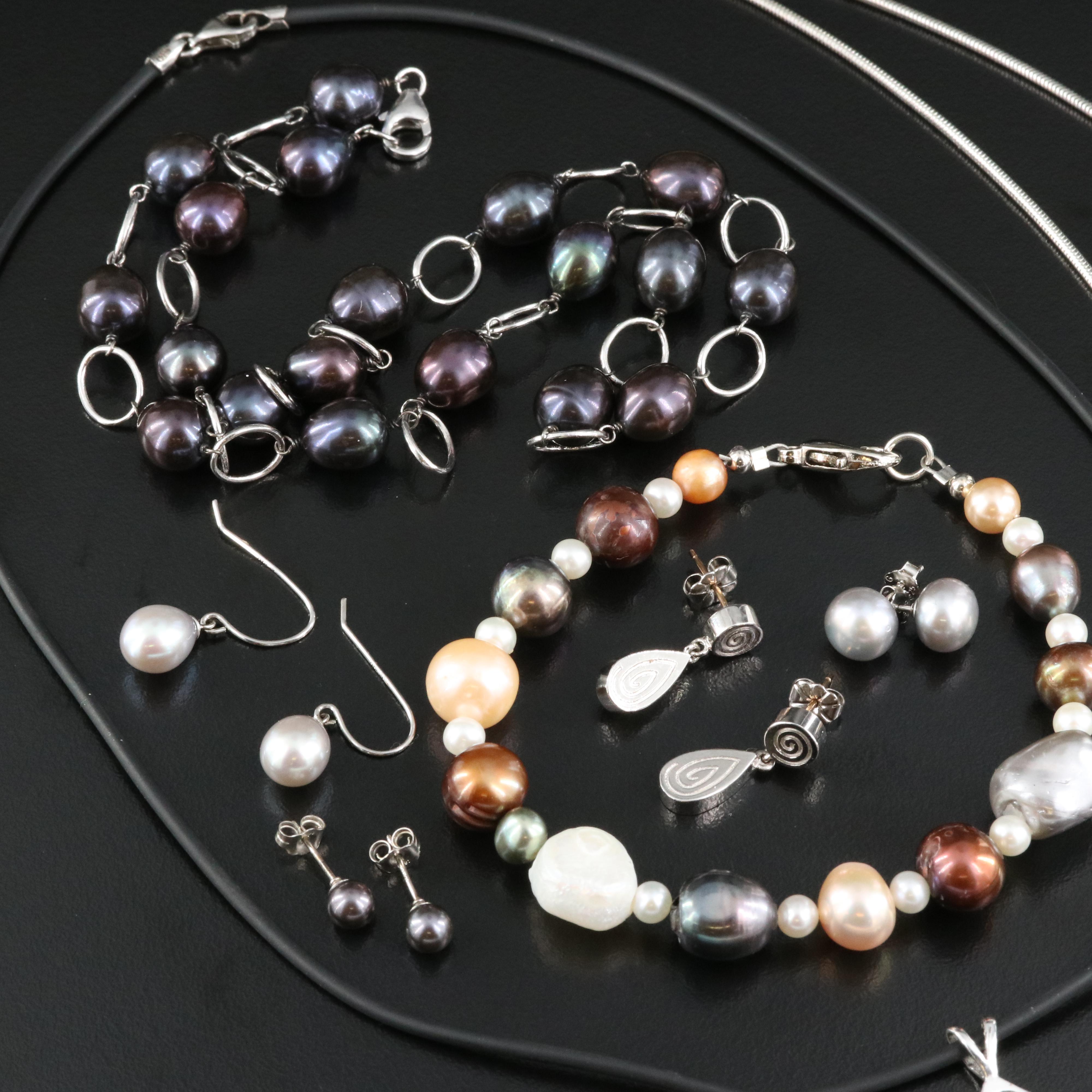 Pearl Grouping Including 14K, Sterling, Necklaces, Bracelet and Earrings