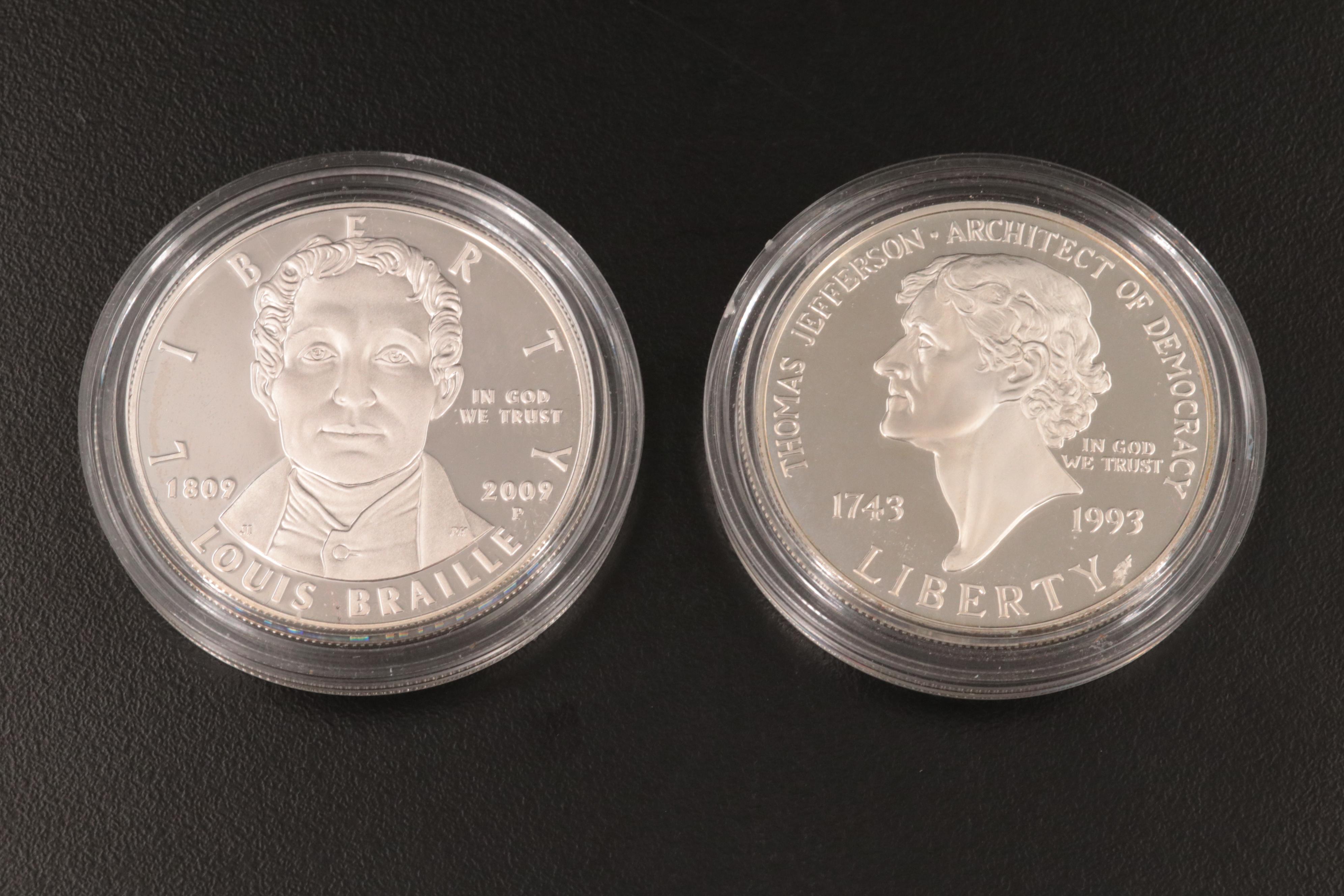 Six Modern Silver Commemorative Uncirculated and Proof Silver Dollars