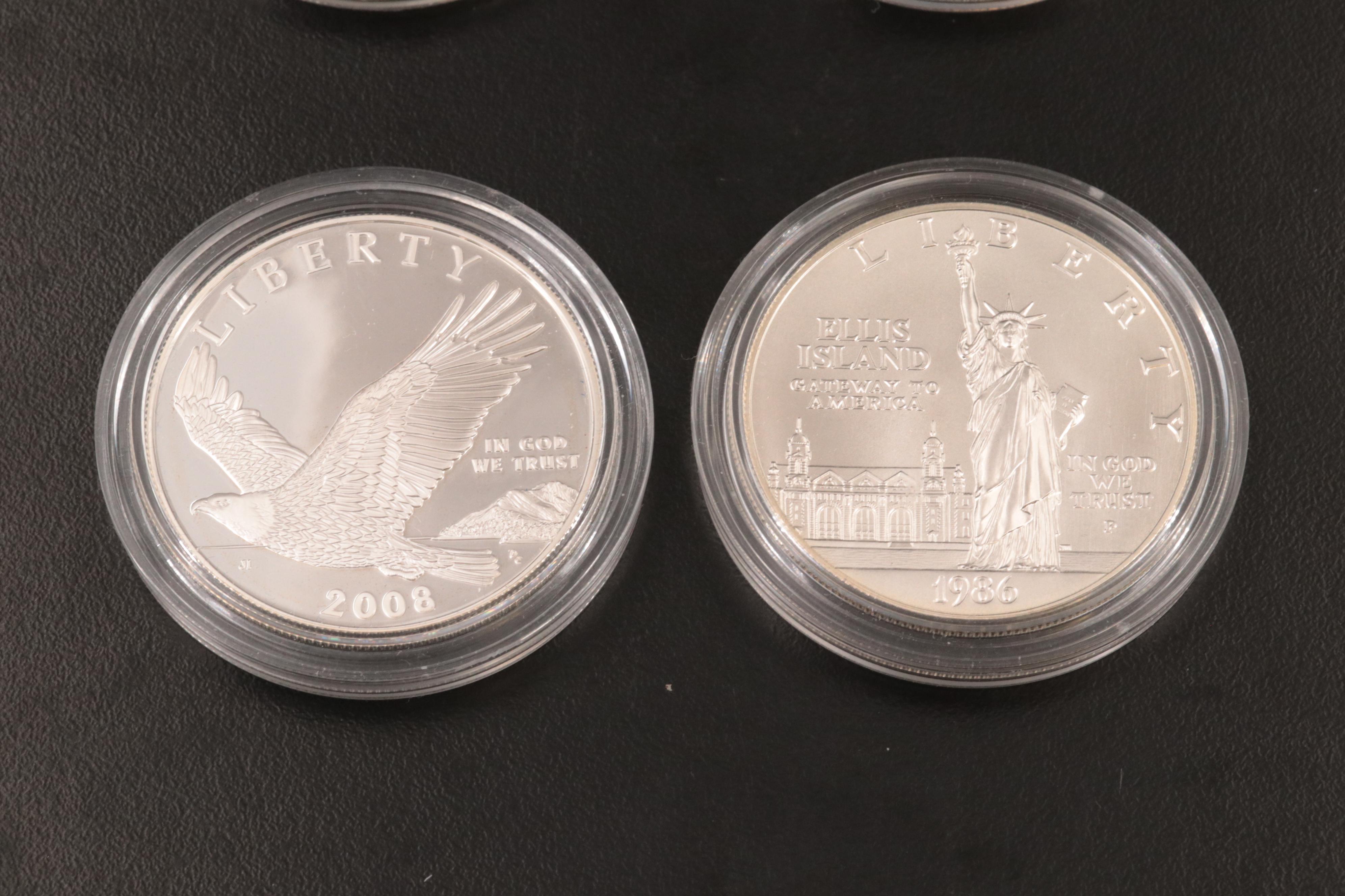 Six Modern Silver Commemorative Uncirculated and Proof Silver Dollars
