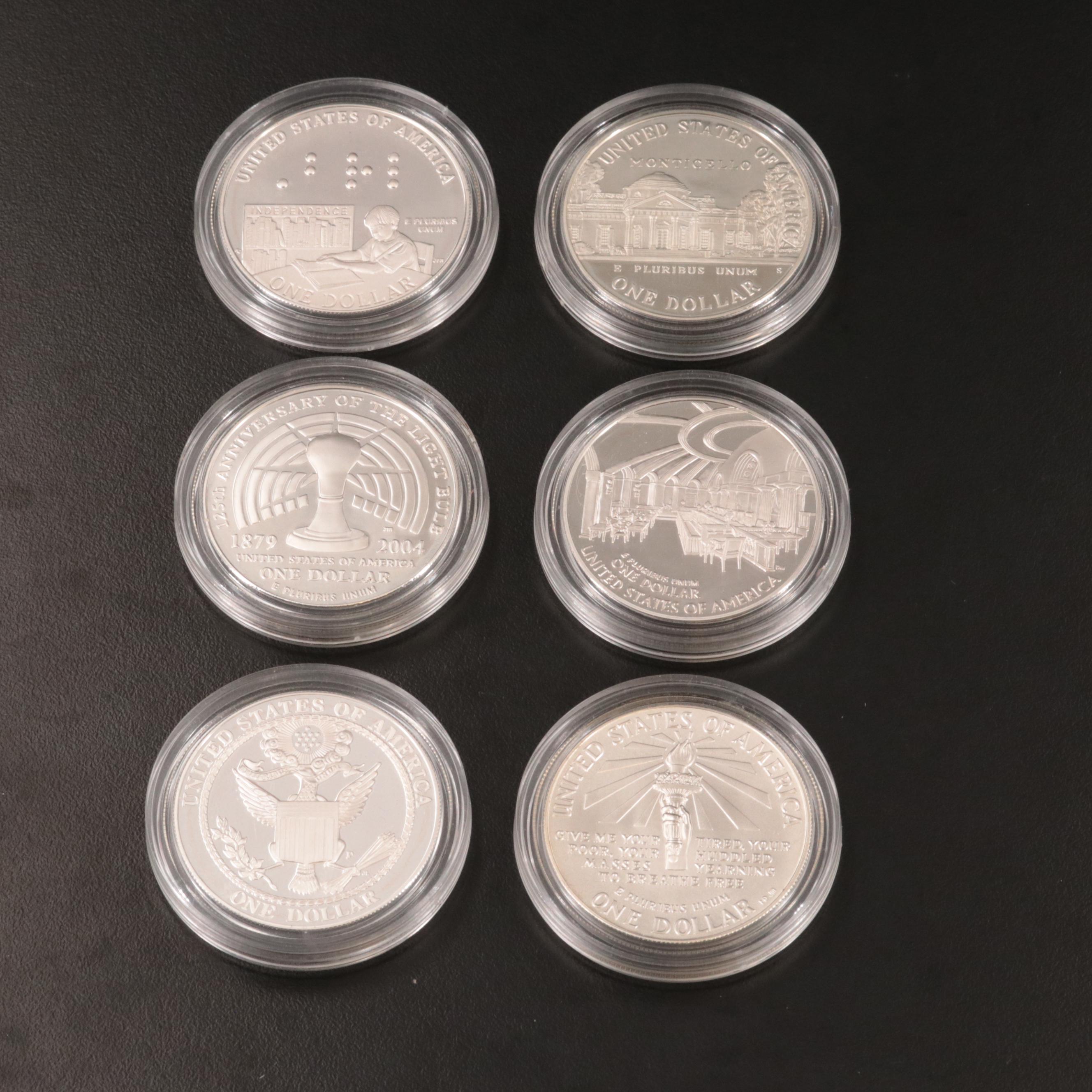 Six Modern Silver Commemorative Uncirculated and Proof Silver Dollars