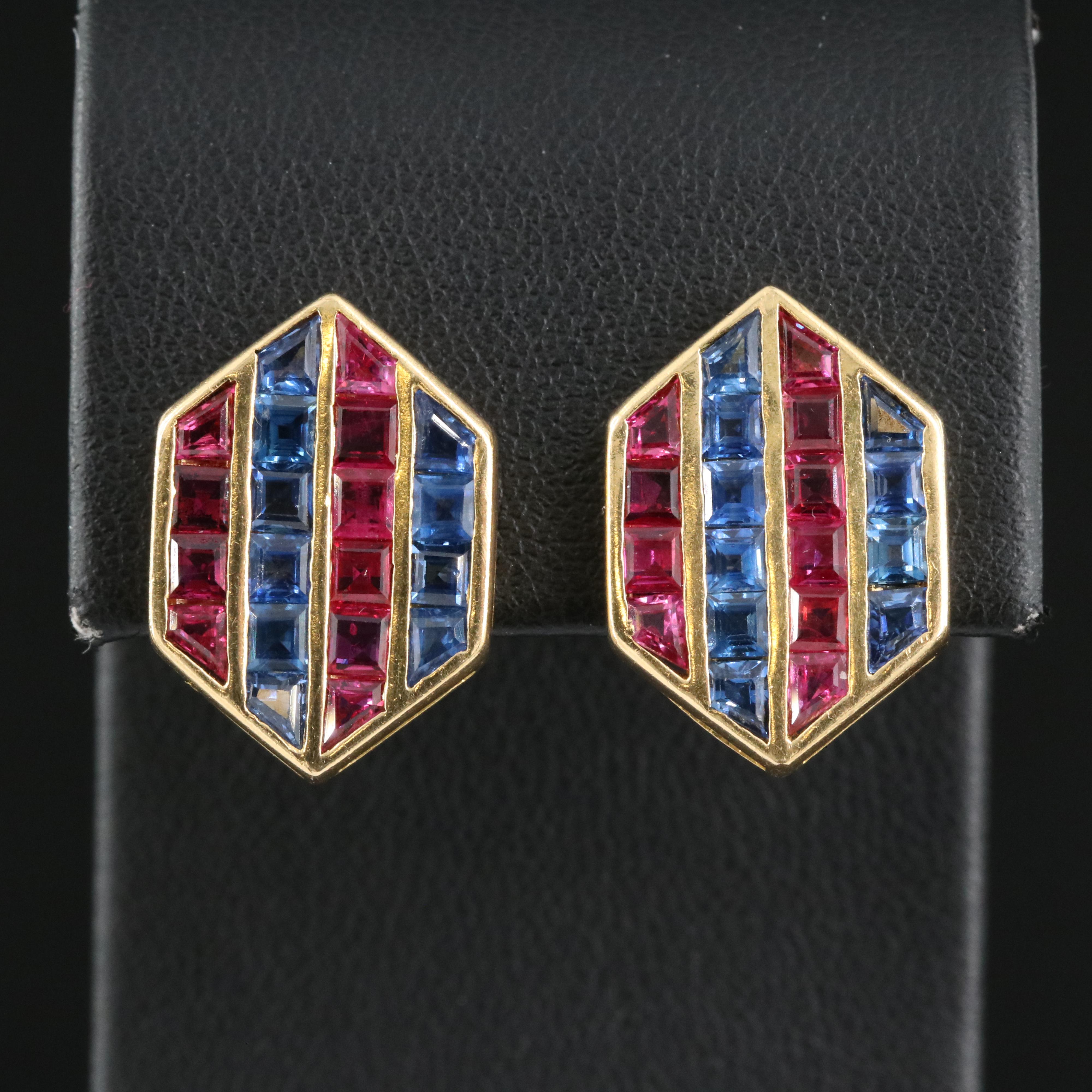 18K Sapphire and Ruby Hexagonal Earrings with 14K Accents