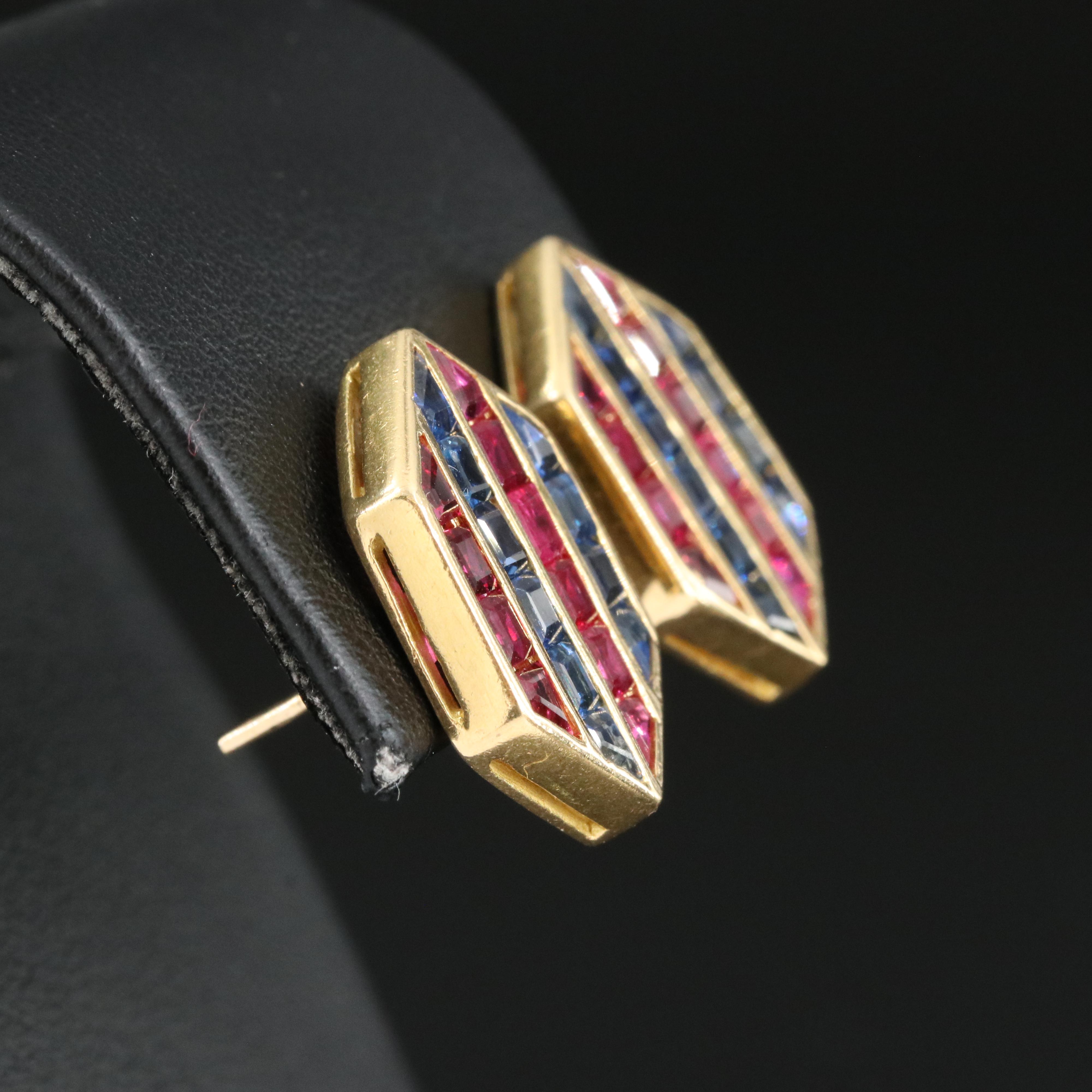 18K Sapphire and Ruby Hexagonal Earrings with 14K Accents
