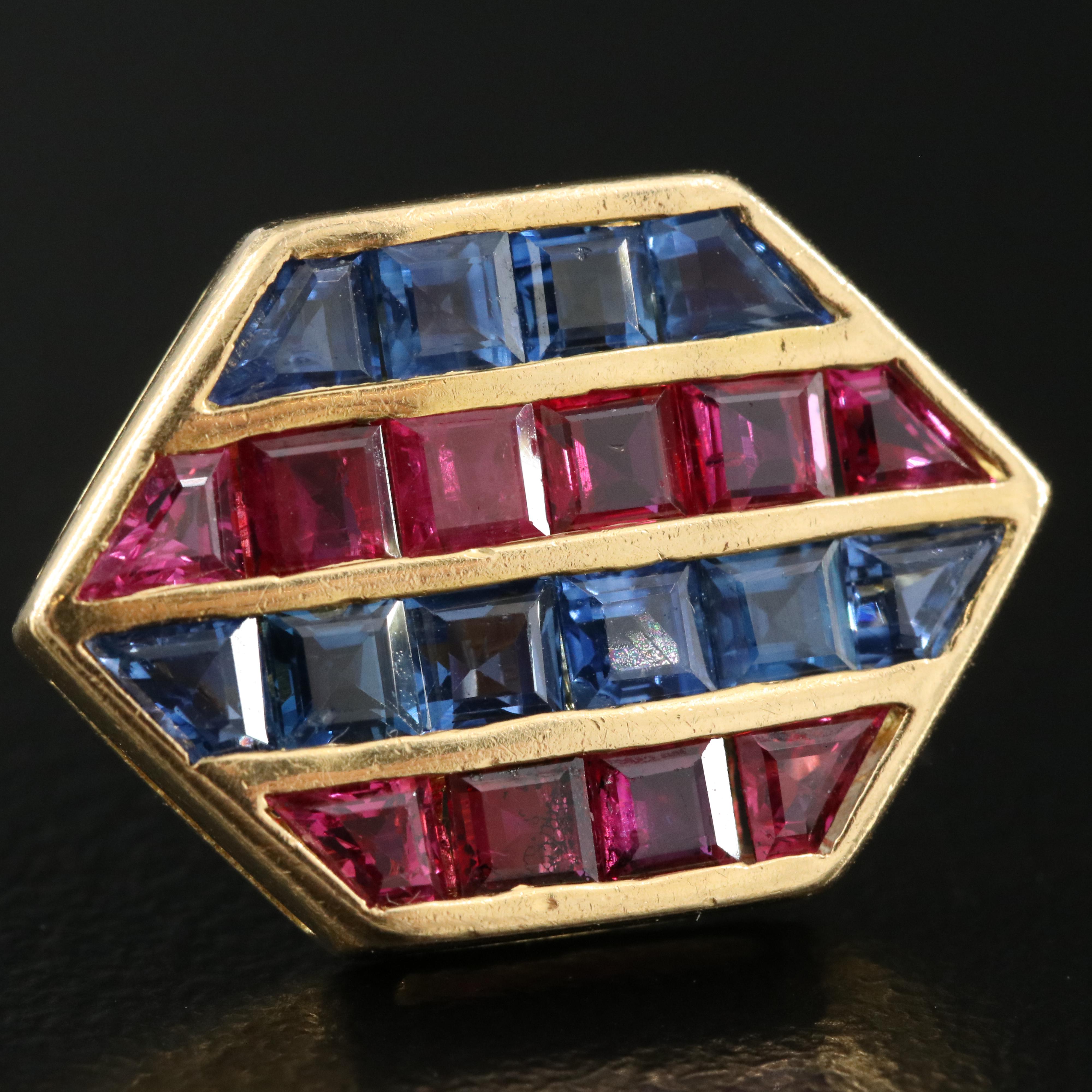18K Sapphire and Ruby Hexagonal Earrings with 14K Accents
