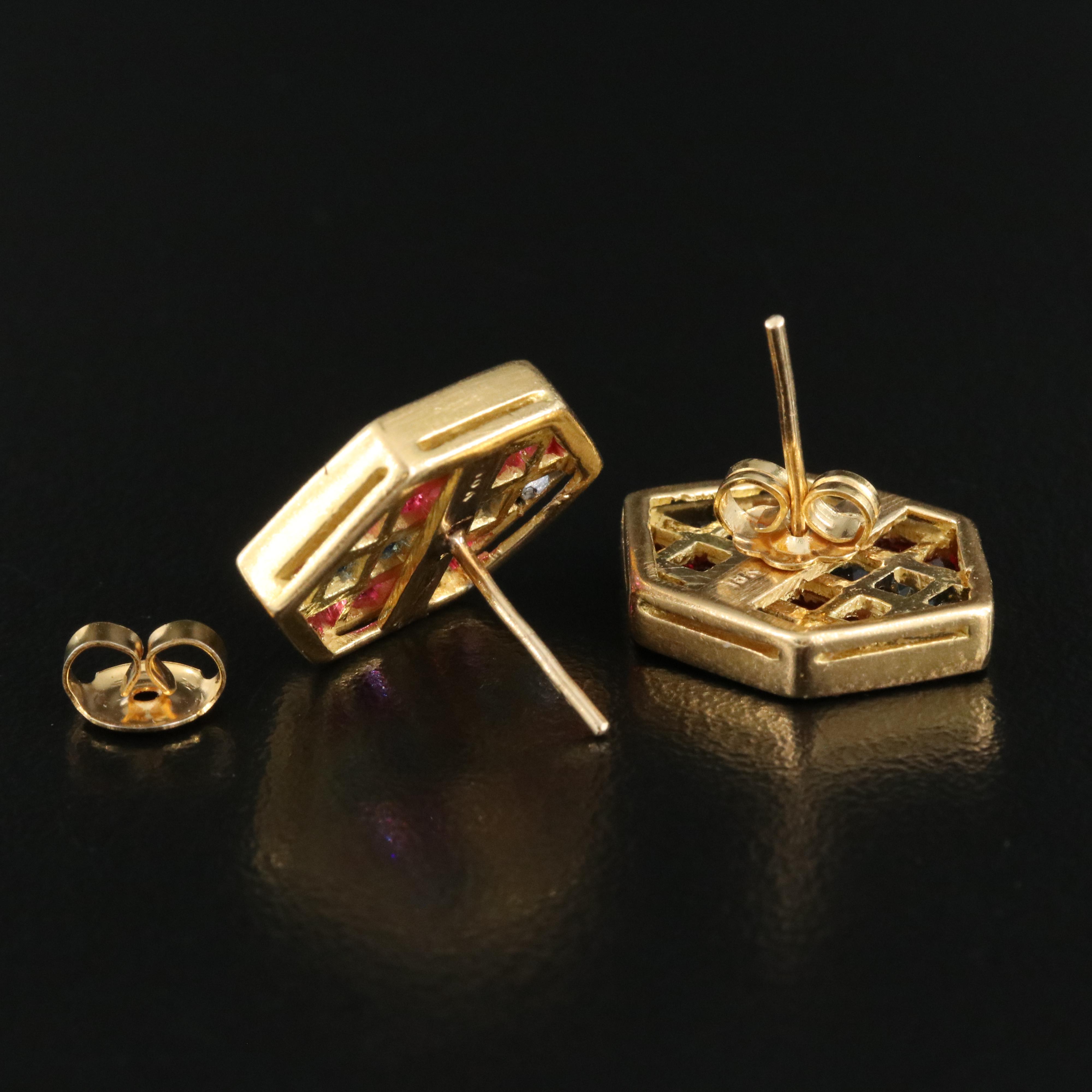 18K Sapphire and Ruby Hexagonal Earrings with 14K Accents