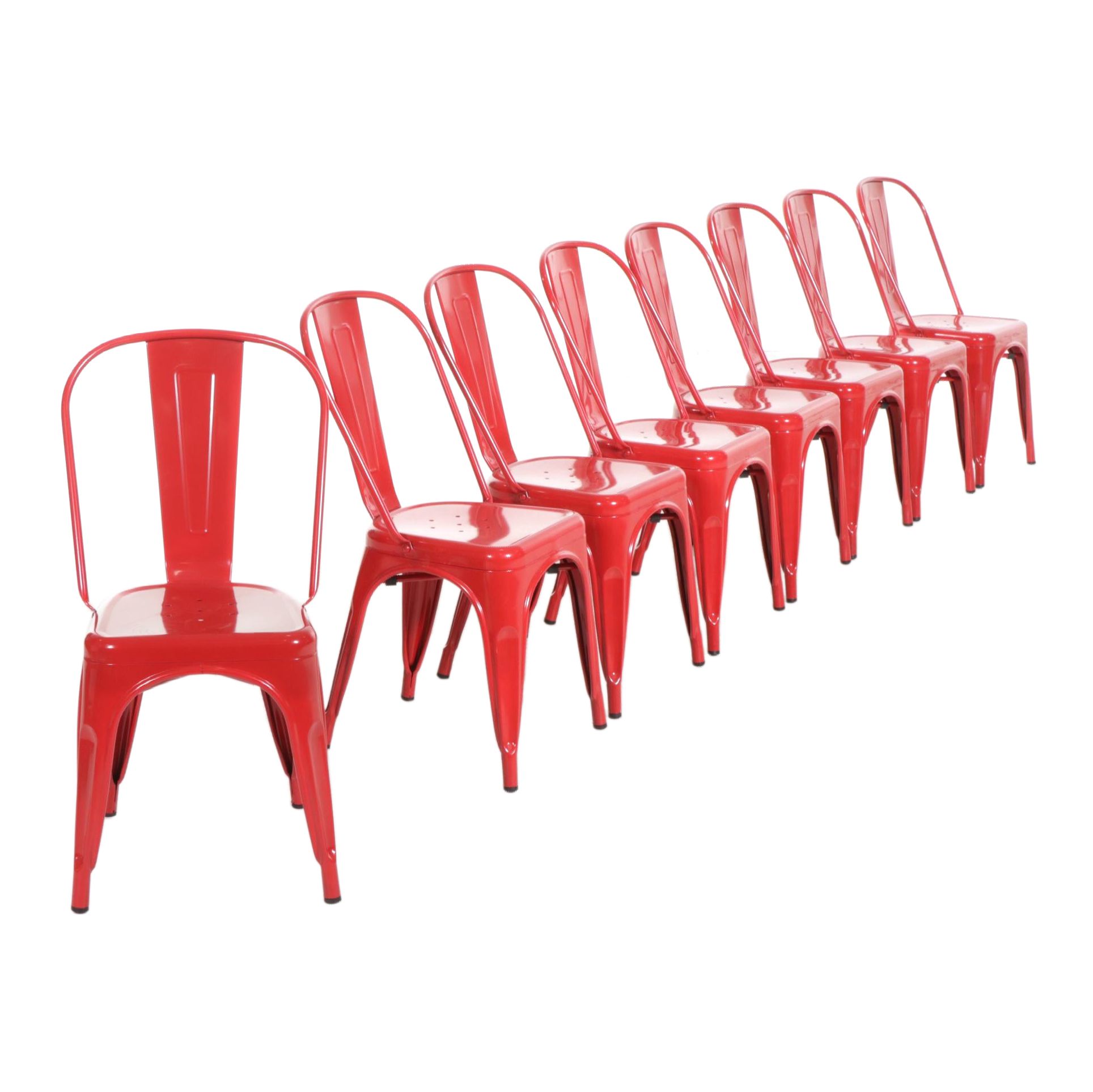 Eight Contemporary Red Powder-Coated Metal Bistro Chairs