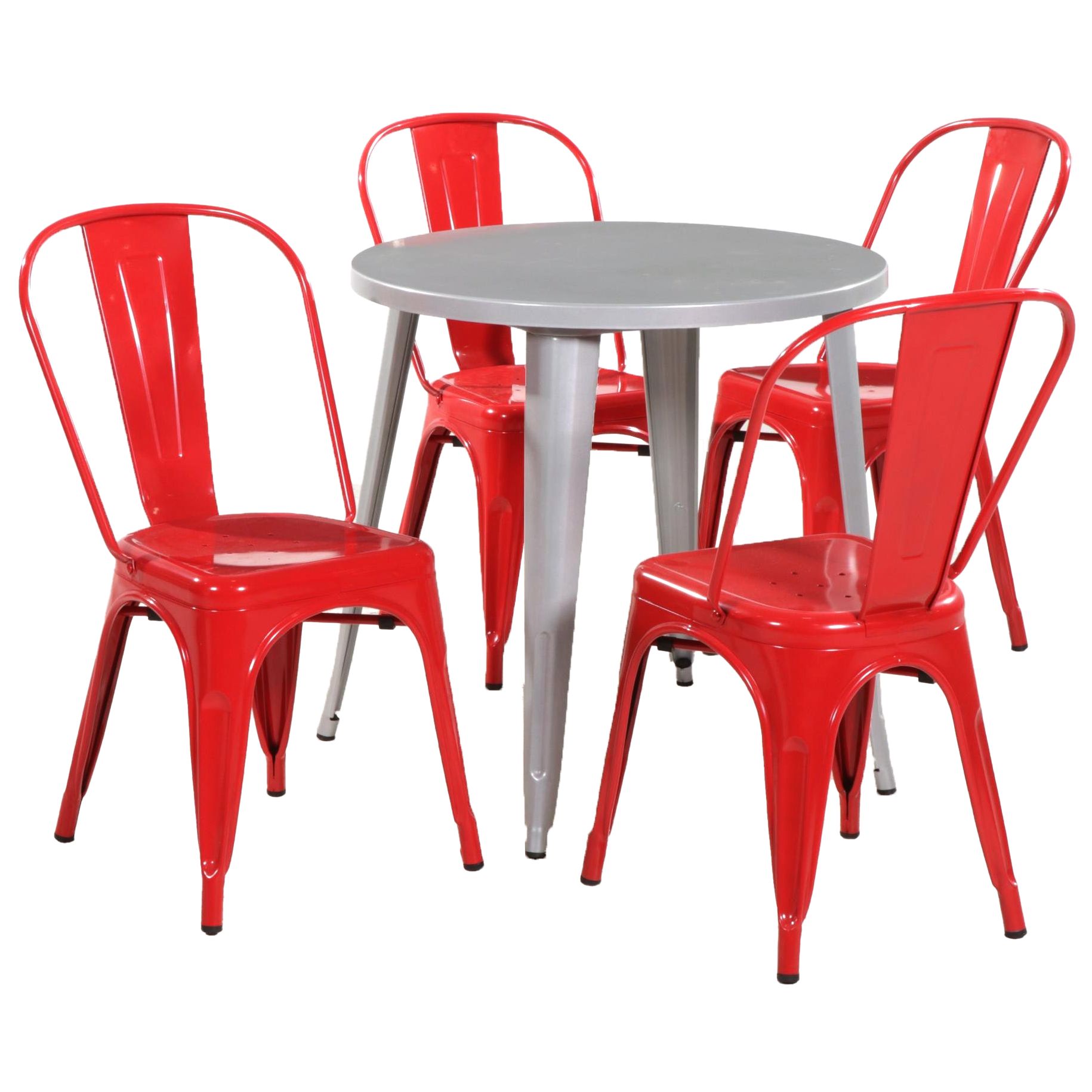 Contemporary Powder-Coated Silver Metal Bistro Table and Four Red Chairs