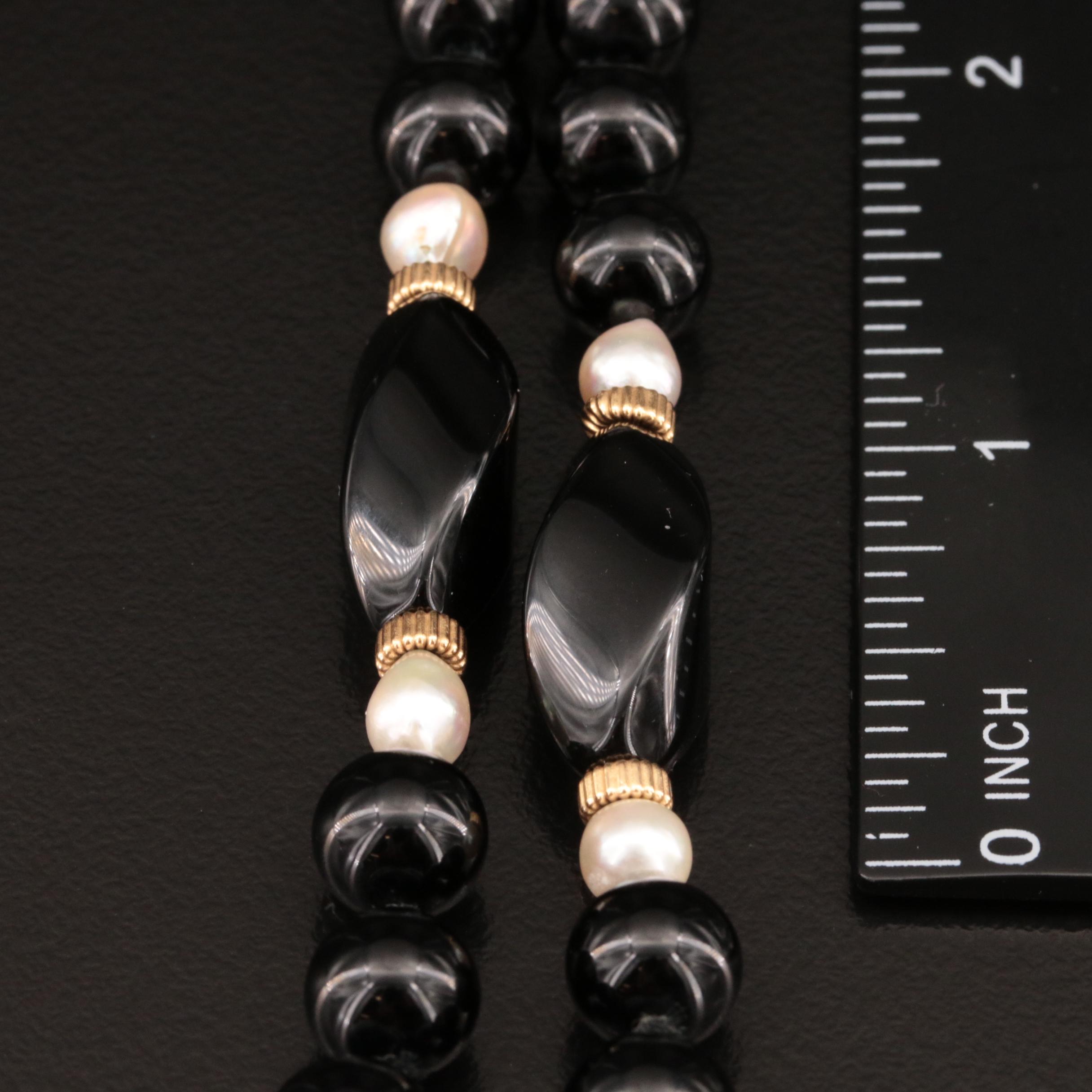 14K Black Onyx and Pearl Beaded Necklace