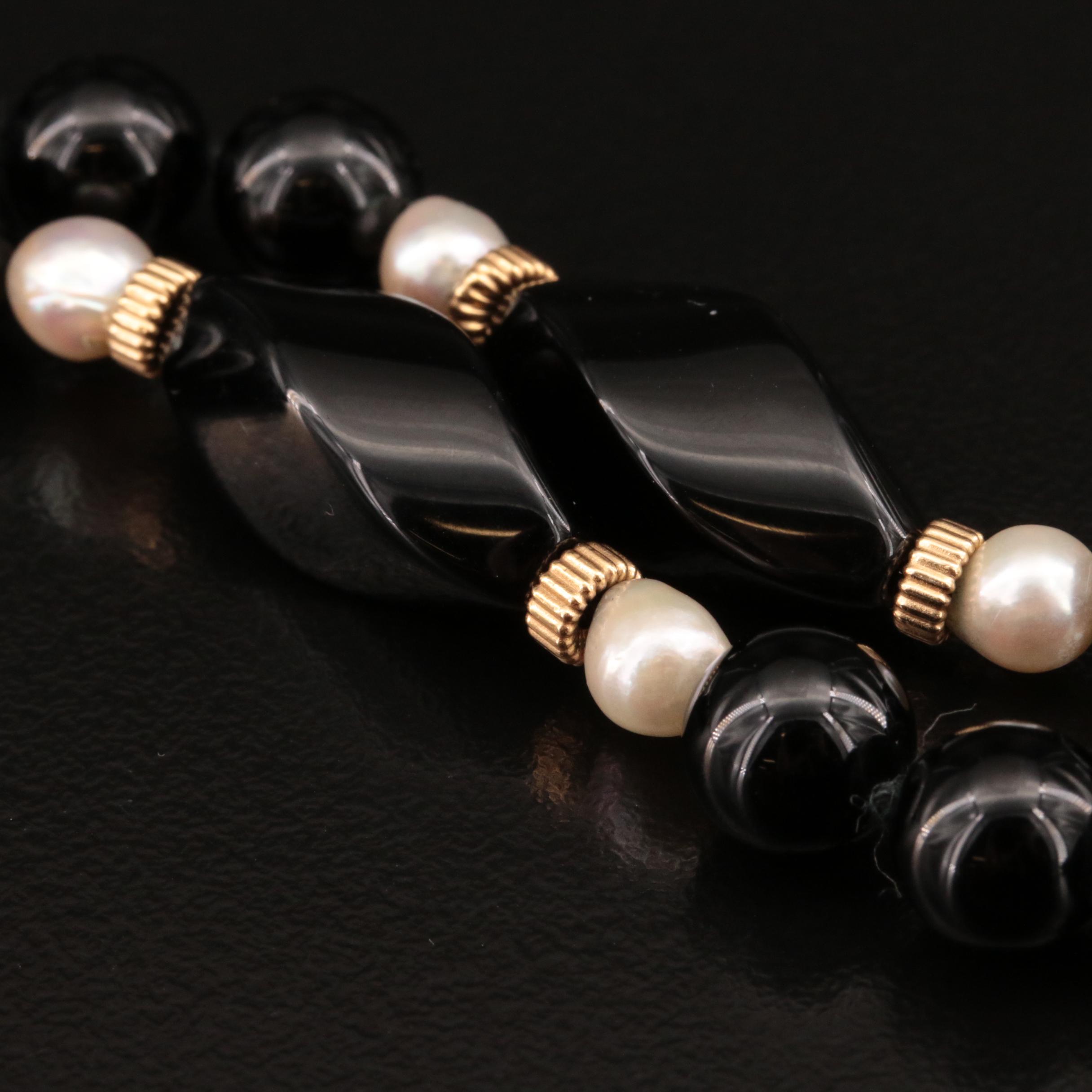 14K Black Onyx and Pearl Beaded Necklace