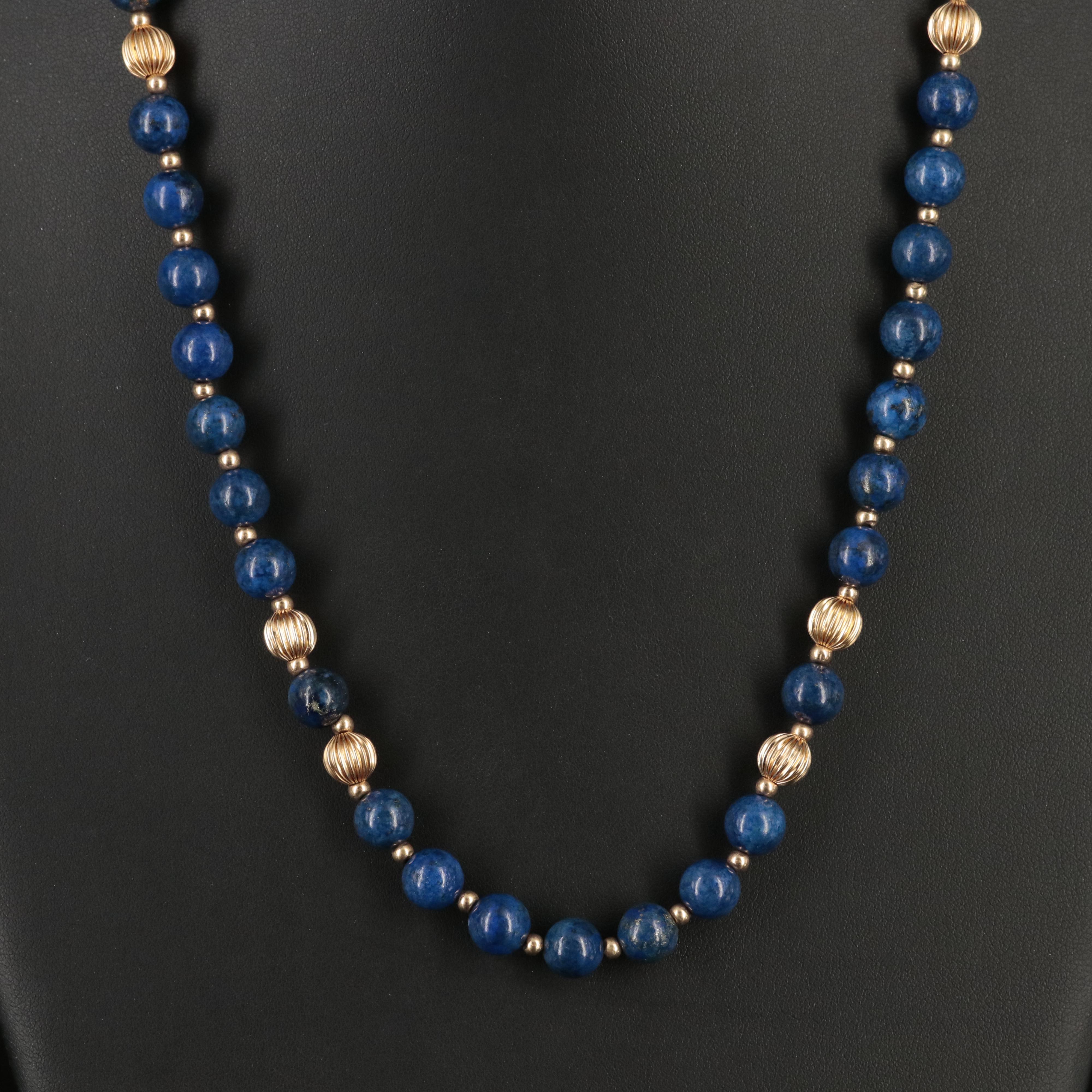 Lapis Lazuli Bead Necklace with 14K Clasp and Spacer Beads