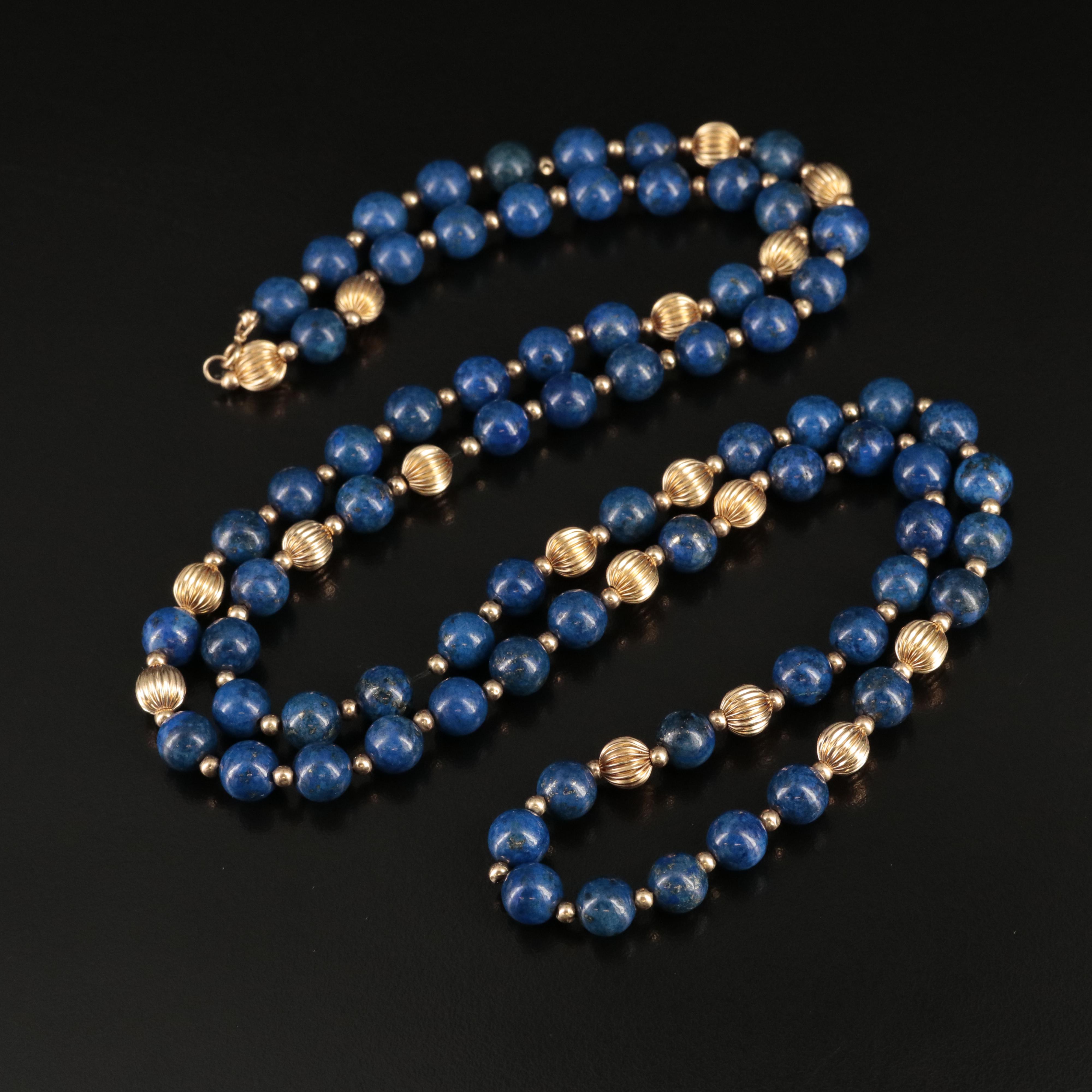 Lapis Lazuli Bead Necklace with 14K Clasp and Spacer Beads