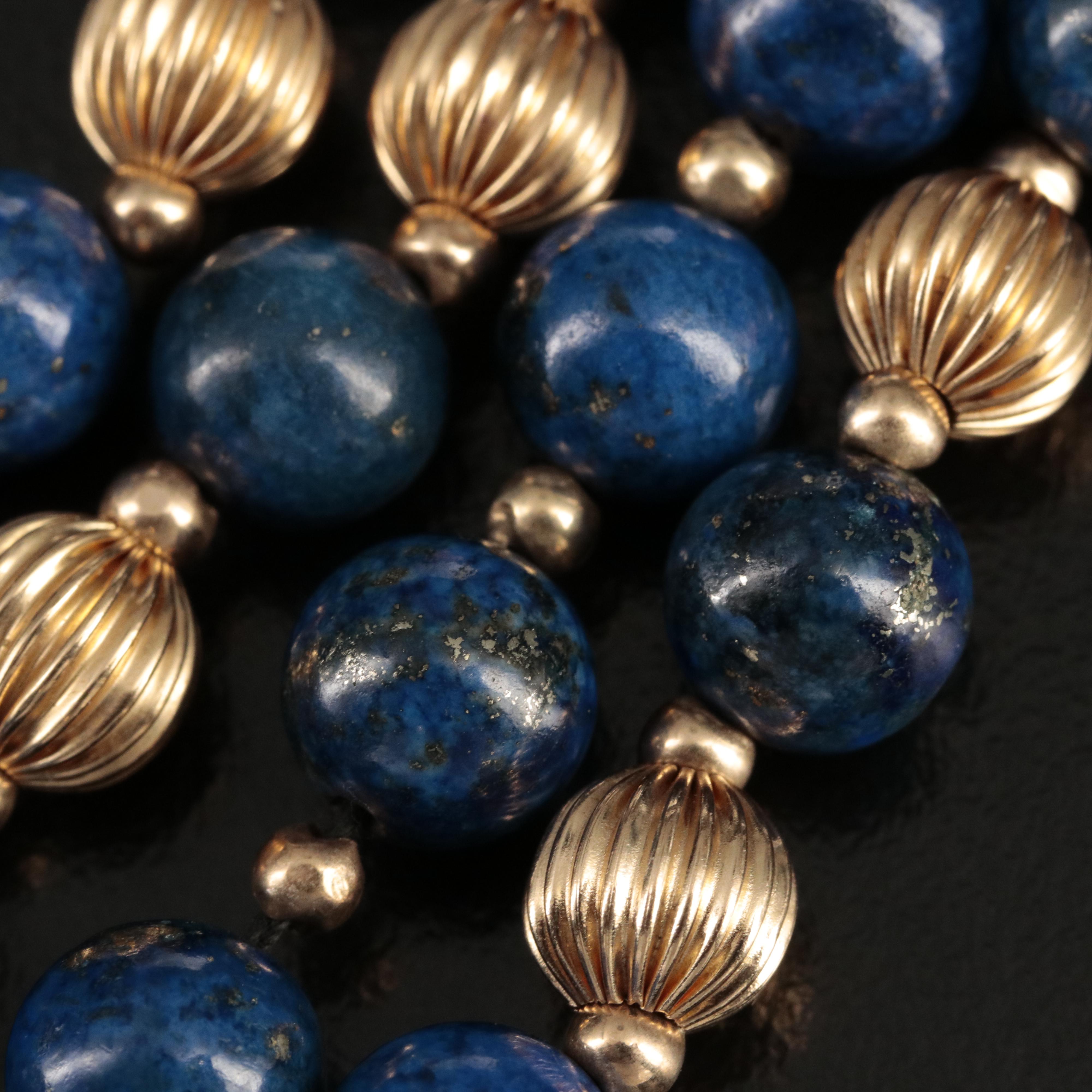 Lapis Lazuli Bead Necklace with 14K Clasp and Spacer Beads