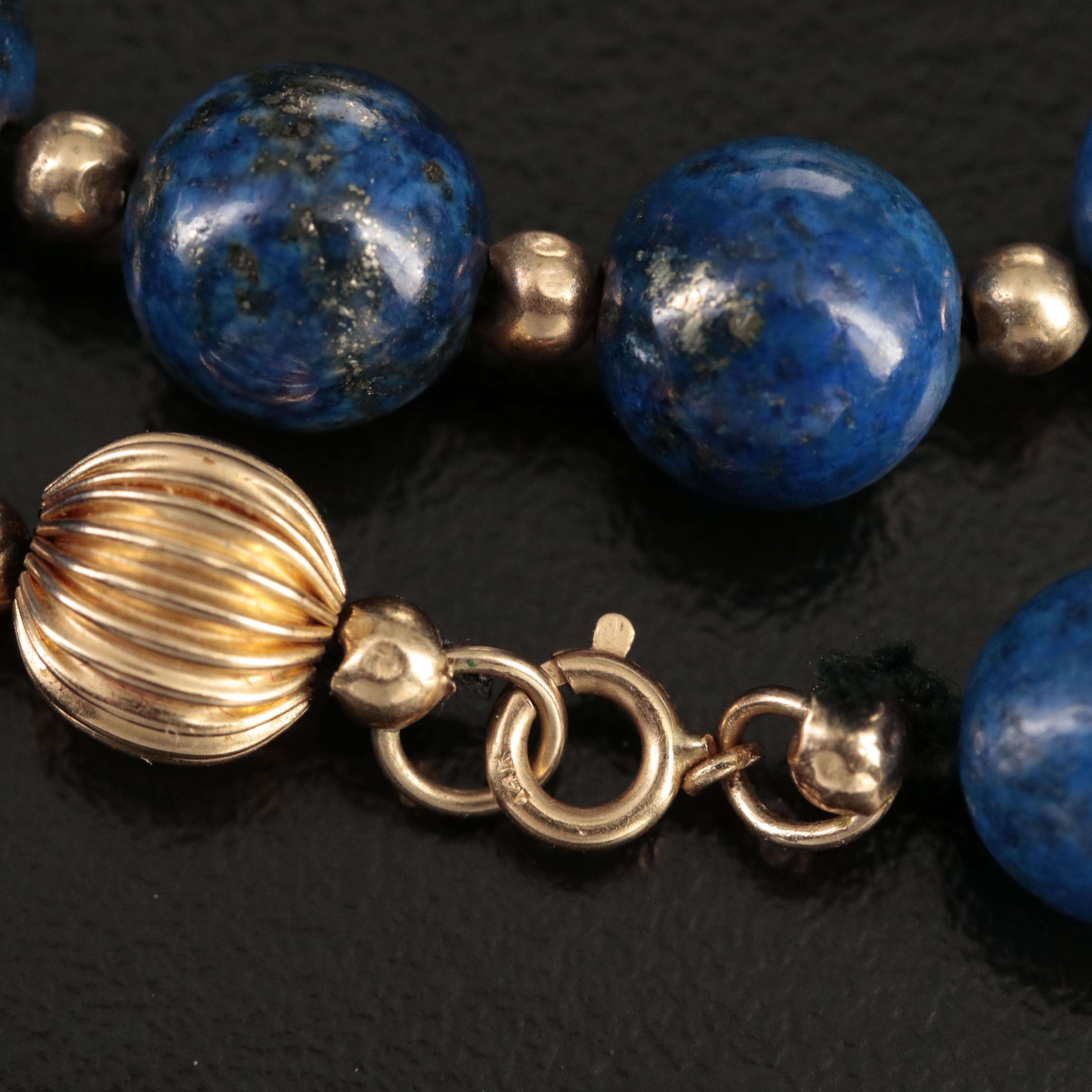 Lapis Lazuli Bead Necklace with 14K Clasp and Spacer Beads