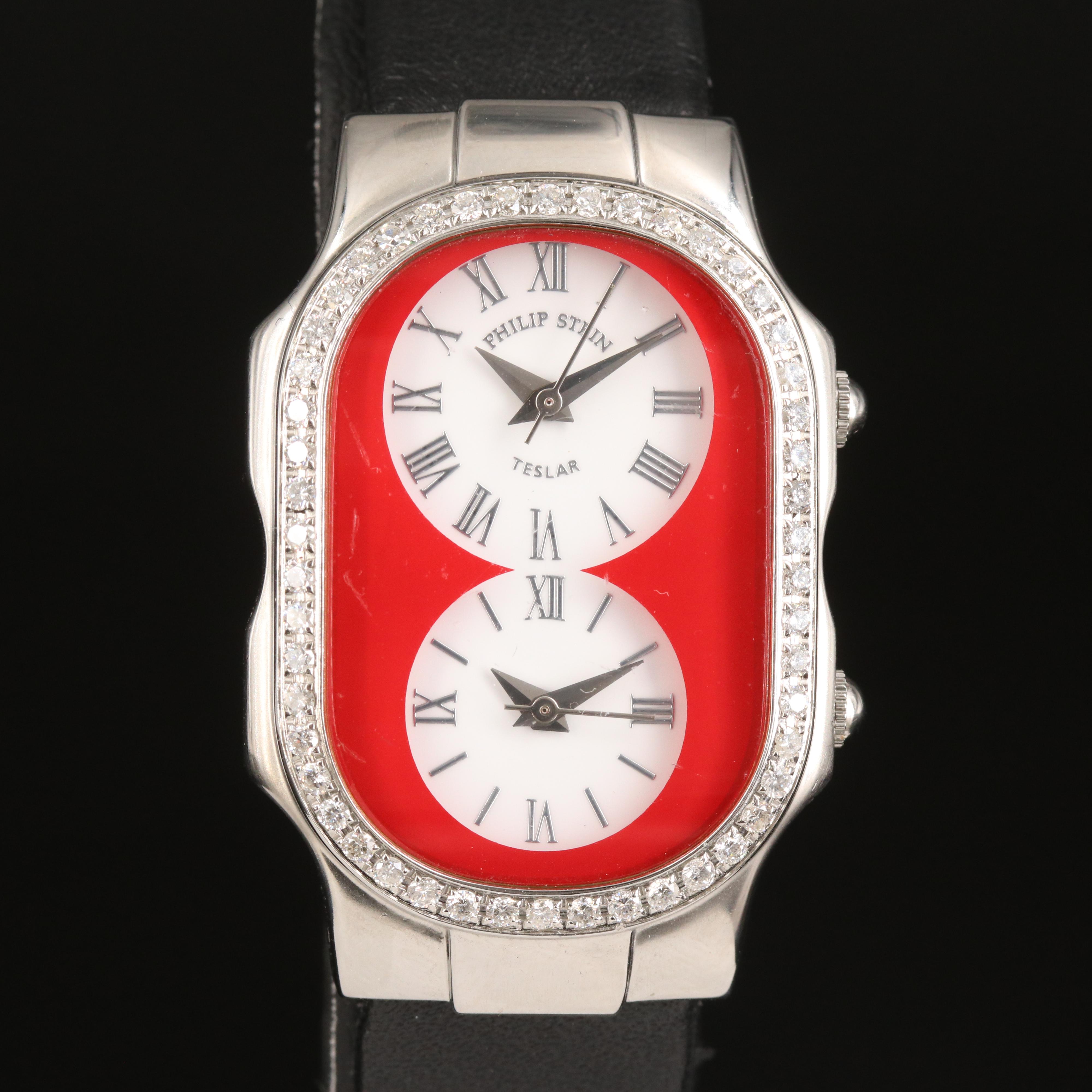 Philip Stein Teslar Dual Time Diamond Bezel Watch