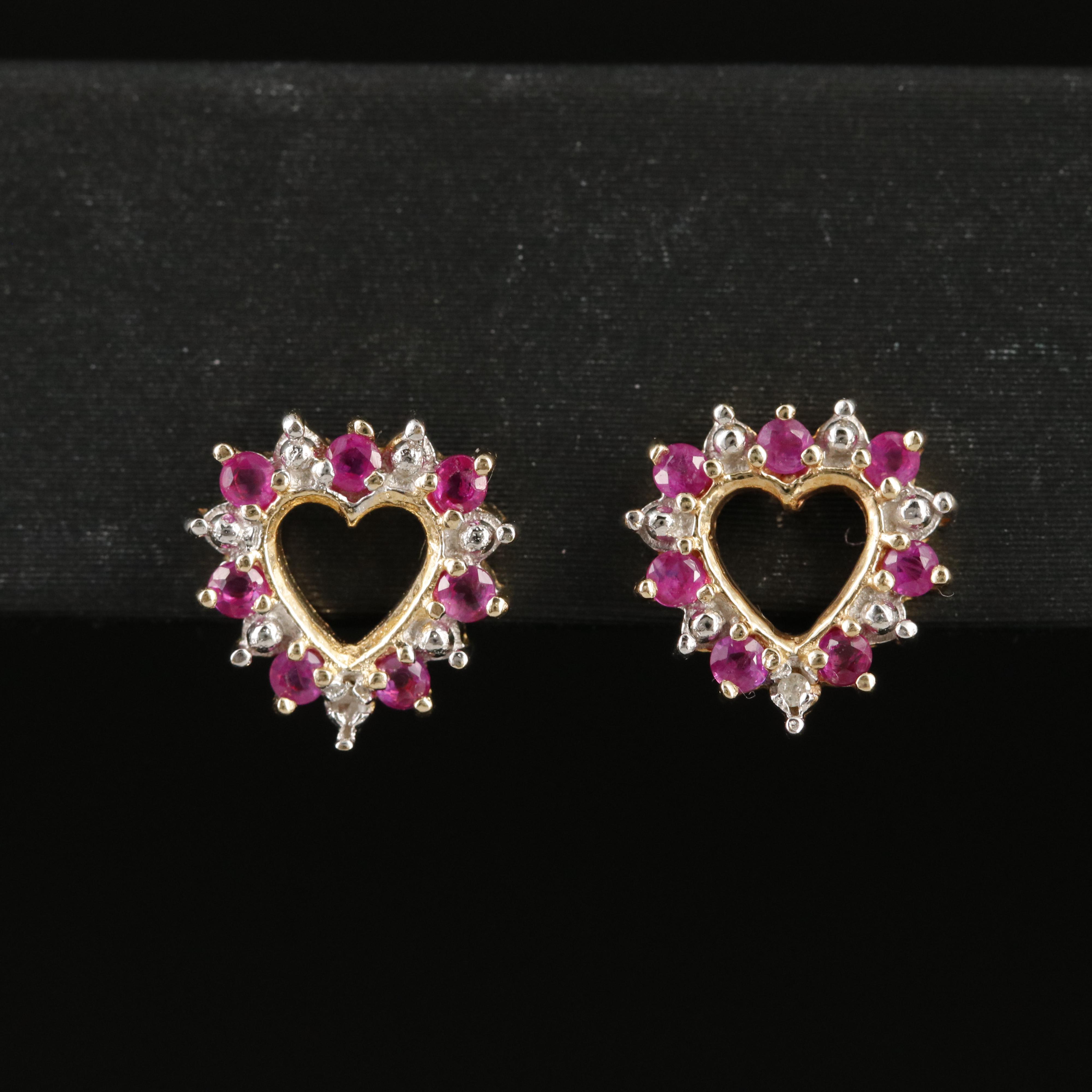 10K Ruby and Diamond Heart Earrings