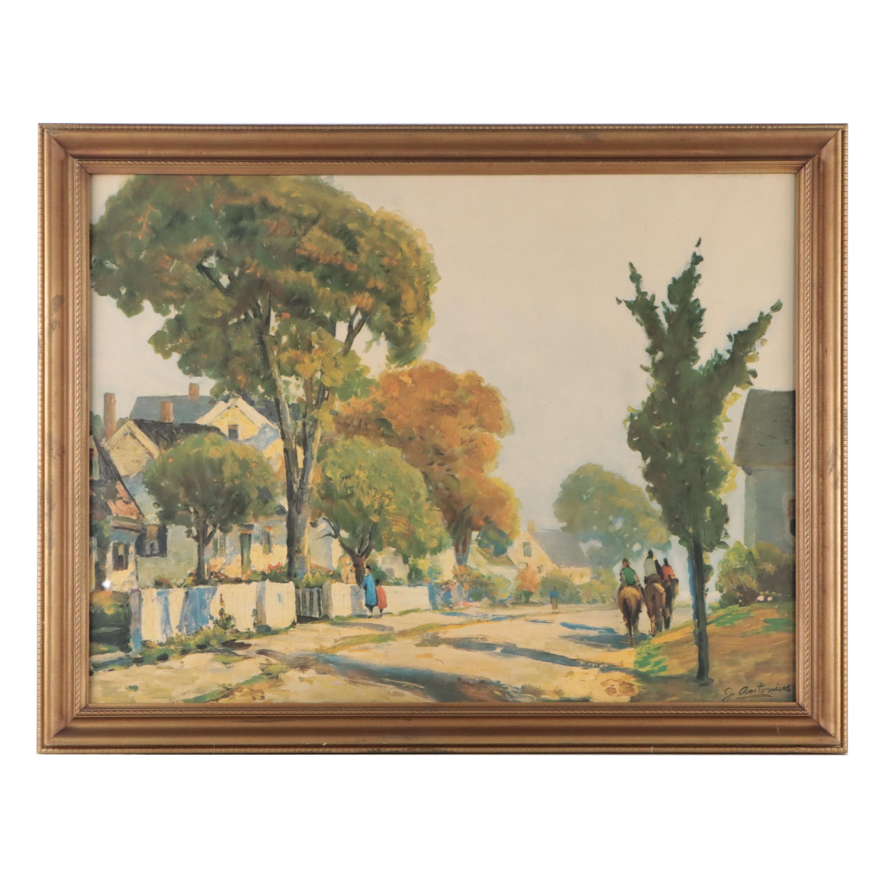 Offset Lithograph After J. Antonius of Neighborhood Street Scene