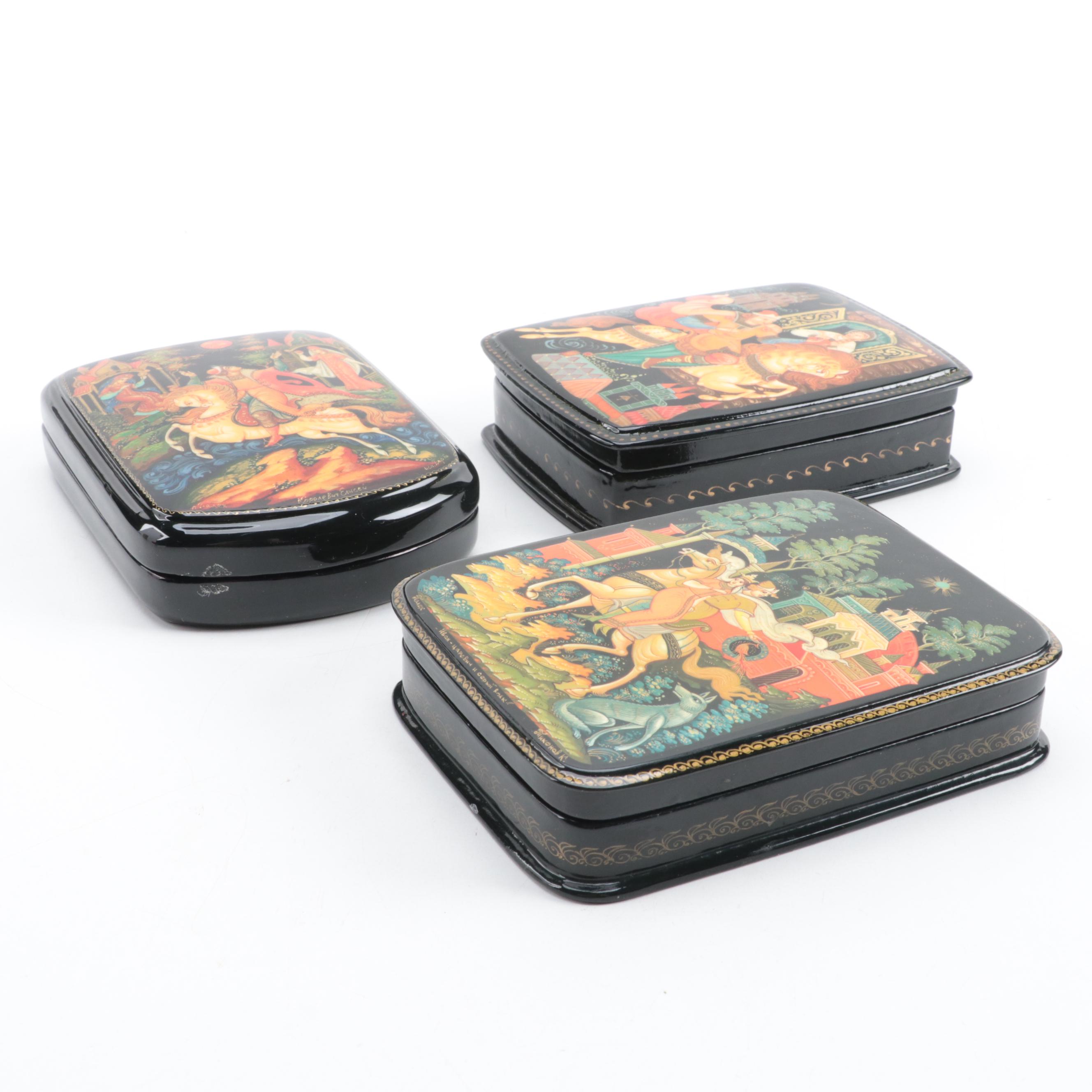 Russian Palekh Hand-Painted Fairytale Lacquer Boxes