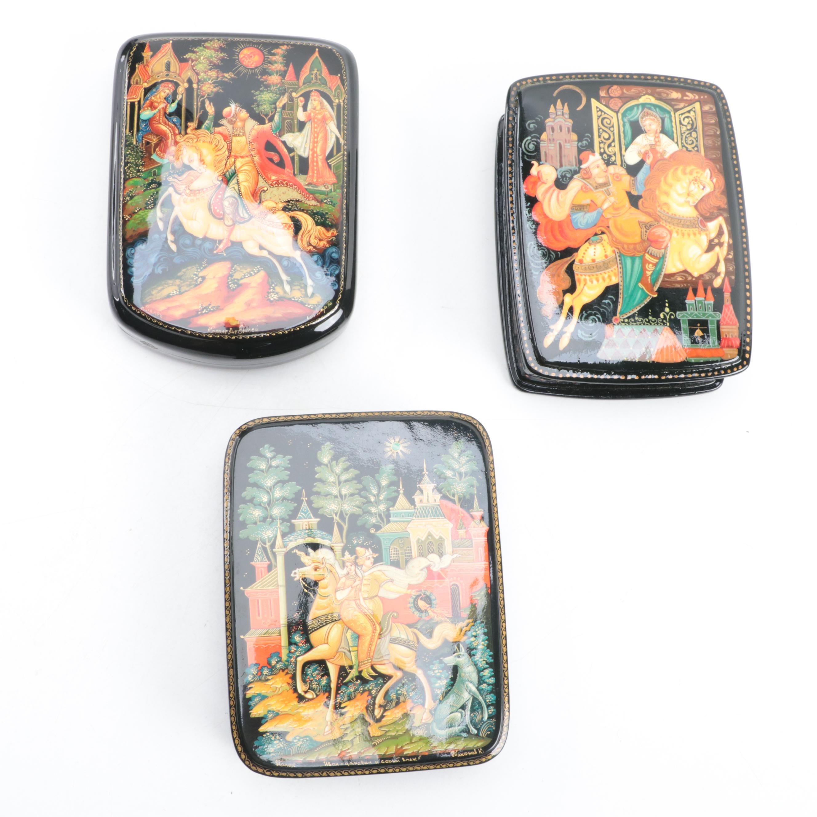 Russian Palekh Hand-Painted Fairytale Lacquer Boxes