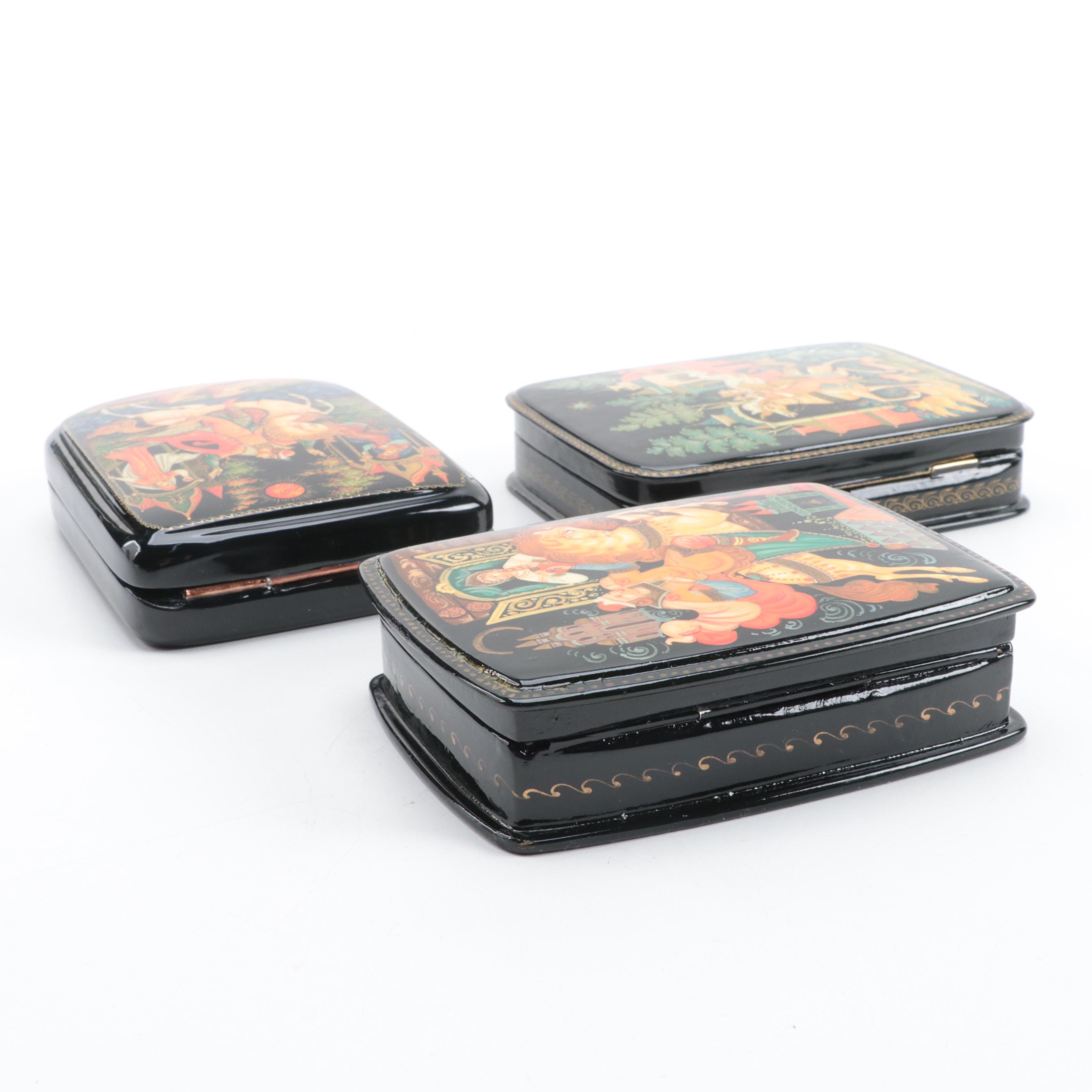 Russian Palekh Hand-Painted Fairytale Lacquer Boxes